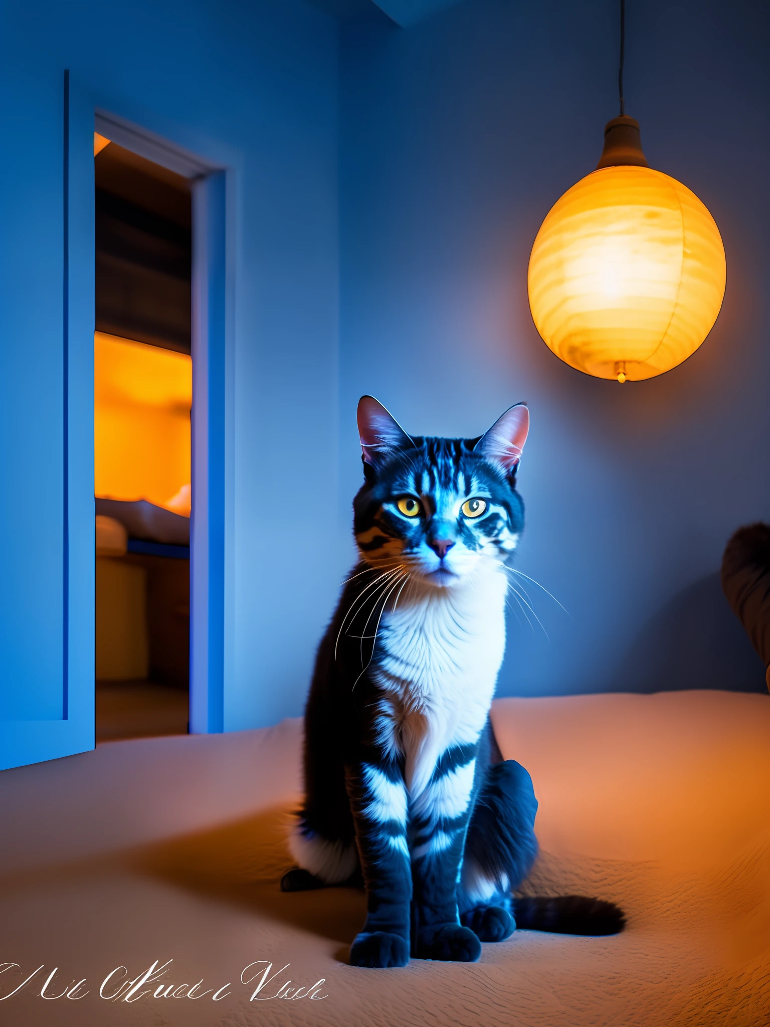 A panoramic photo, um homem com a pele de gato azul, em uma noite de lua cheia, with low lighting, um lado luz azul do outro luz laranja
