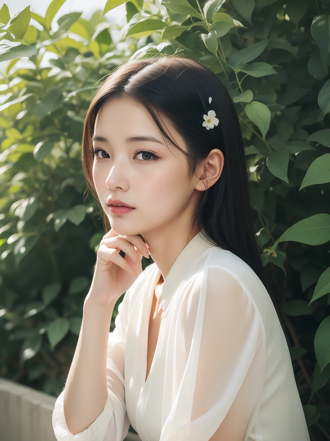 japanaese girl，(8k, RAW photo, best quality, masterpiece:1.2), (realistic, photo-realistic:1.37),1 girl, full body photo, black hair, flowing hair, hazy beauty, extremely beautiful facial features, white embroidered dress, hairpins on her head, lying in a flower bush, hand dragging chin, perfect hand, white flower, (spring, rainy day, terraces, mountains), simple vector art, contemporary Chinese art, soft light, entangled scarf, overlook