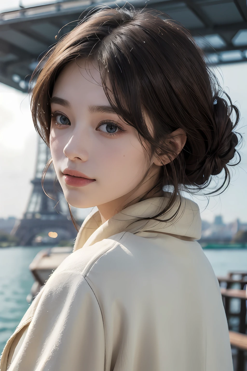 ((ultra-realistic realism+Pure),eyes with brightness,Wheat-colored skin),High-definition image quality,Dynamic tilt,High nose,Realistic details,Unity 8k壁纸,Super fine,A masterpiece of beauty,top-quality,tidal current,Sweet and lovely,Eiffel Tower background,coat large,Brown hair long,ssmile,with a round face,full bodyesbian,Faraway view。