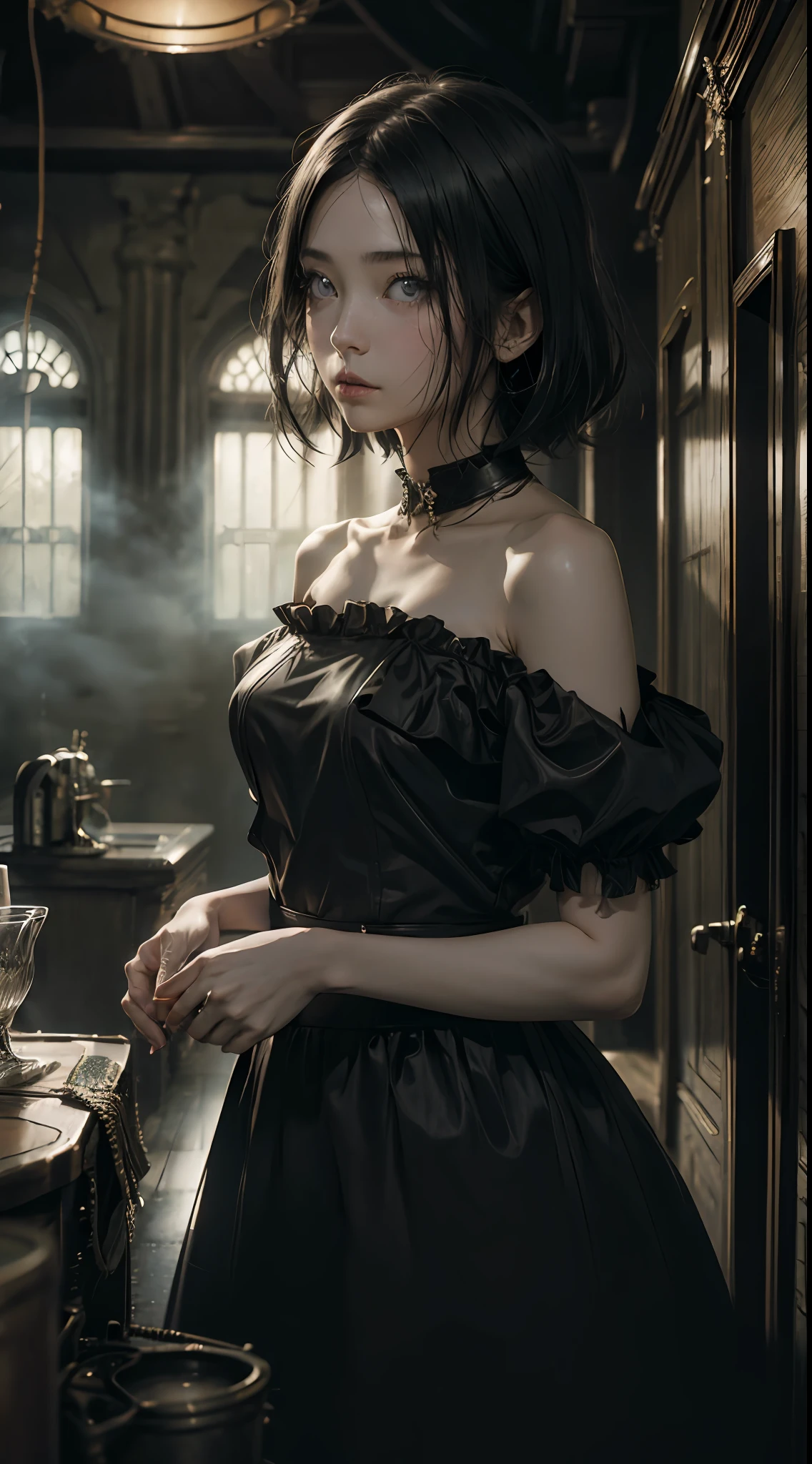 a beauty girl、natta、Onepiece、Plain dress、off shoulders、Floating hair, Short hair, secret room、canny、Black Parade、surrealism, Verism, Cinematic lighting, Glowing light, drop shadow, Fisheye, ultra wide-angle, F/16, masutepiece, High quality, high details, Super Detail, Textured skin, Best Quality, 4K