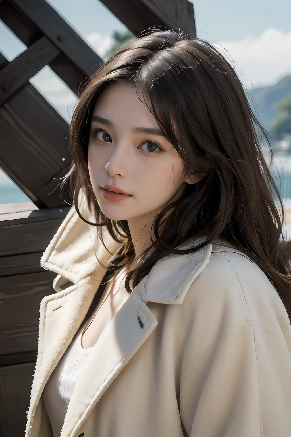 ((ultra-realistic realism+Pure)，eyes with brightness，Wheat-colored skin)，High-definition image quality，Dynamic tilt，High nose，Realistic details，Unity 8k壁纸，Super fine，A masterpiece of beauty，top-quality，tidal current，Sweet and lovely，Eiffel Tower background，coat large，Brown hair long，ssmile，with a round face，full bodyesbian，Faraway view。
