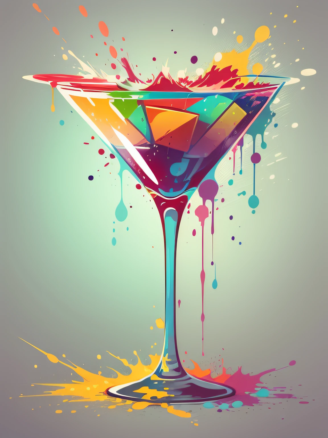 vector art, Colorful graffiti illustration of a martini glass, in the center, Bright colors, paint splashes and blots, high detail, whitebackground