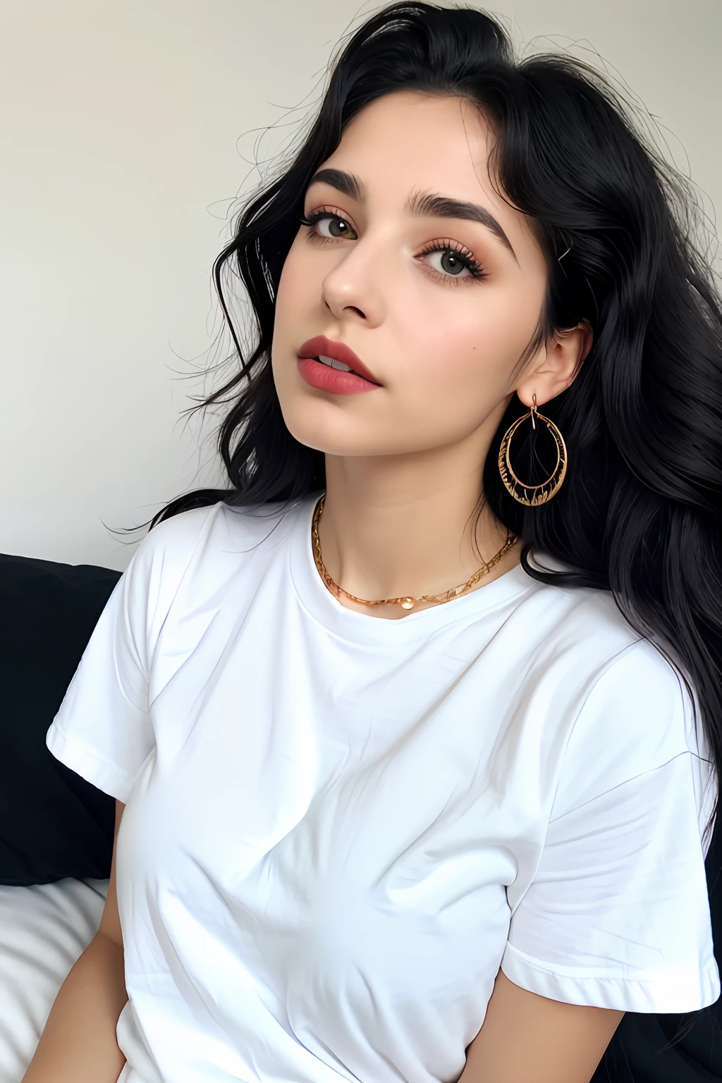 Wavy hair hair, (RAW photo, realism: 1.8), (very dark lip gloss, red lipstick, many eyelashes, dark black eye shadow, shy, blushing, high quality, high resolution, depth of field, chromatic aberration, caustic, wide light, natural colors, 30 year old woman), thin gold chain, earrings, bracelets, wear many accessories, very soft large breasts, style a good woman, in basic black baggy tee-shirt, round neck plain Tee-shirt, the areola is big, the breasts The shape of the tip is clearly visible, the whole body is toned, beautiful skin, beautiful legs, skinny jeans low waist, lots of exposure, very sexy body line, body that looks delicious, lips that make you want to kiss, bed, scruffy futon, sexy pose, perfect hips, black basic Baggy tee-shirt, Arabian women, middle eastern beautiful women, heel's, beautiful detailed feets and fingers