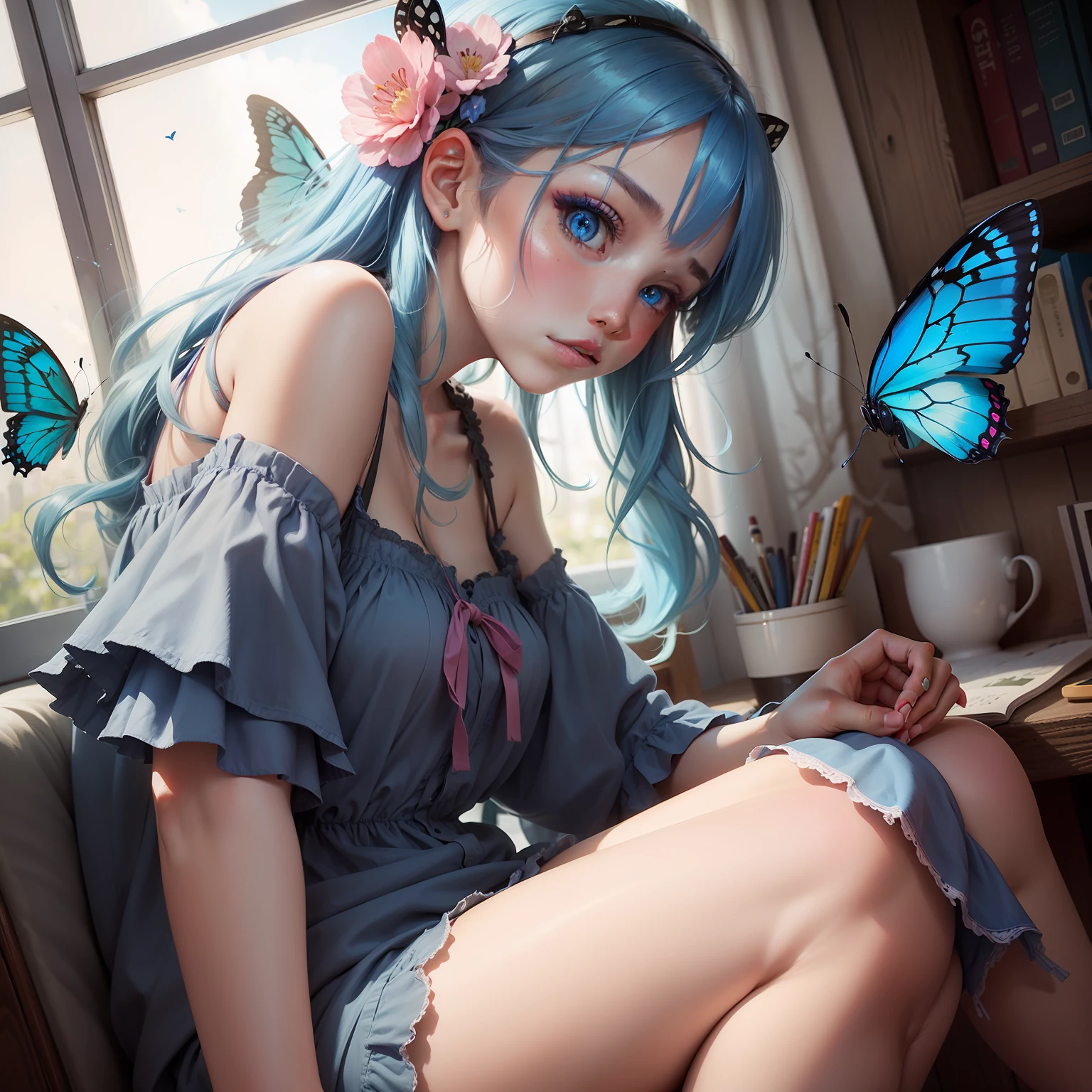 a girl, blue butterfly, blue hair, pink eyes