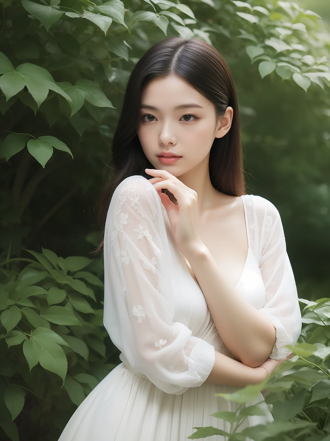 European girl，(8k, RAW photo, best quality, masterpiece:1.2), (realistic, photo-realistic:1.37),1 girl, full body photo, black hair, flowing hair, hazy beauty, extremely beautiful facial features, white embroidered dress, hairpins on her head, lying in a flower bush, hand dragging chin, perfect hand, white flower, (spring, rainy day, terraces, mountains), simple vector art, contemporary Chinese art, soft light, entangled scarf, overlook