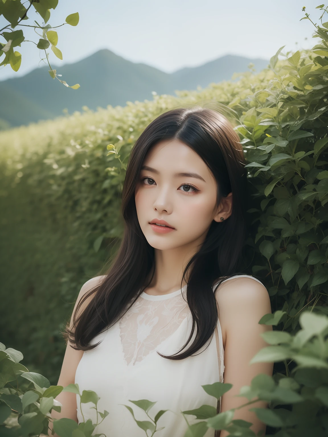 European girl,(8k, RAW photo, best quality, masterpiece:1.2), (realistic, photo-realistic:1.37),1 girl, full body photo, black hair, flowing hair, hazy beauty, extremely beautiful facial features, white embroidered dress, hairpins on her head, lying in a flower bush, hand dragging chin, perfect hand, white flower, (spring, rainy day, terraces, mountains), simple vector art, contemporary Chinese art, soft light, entangled scarf, overlook