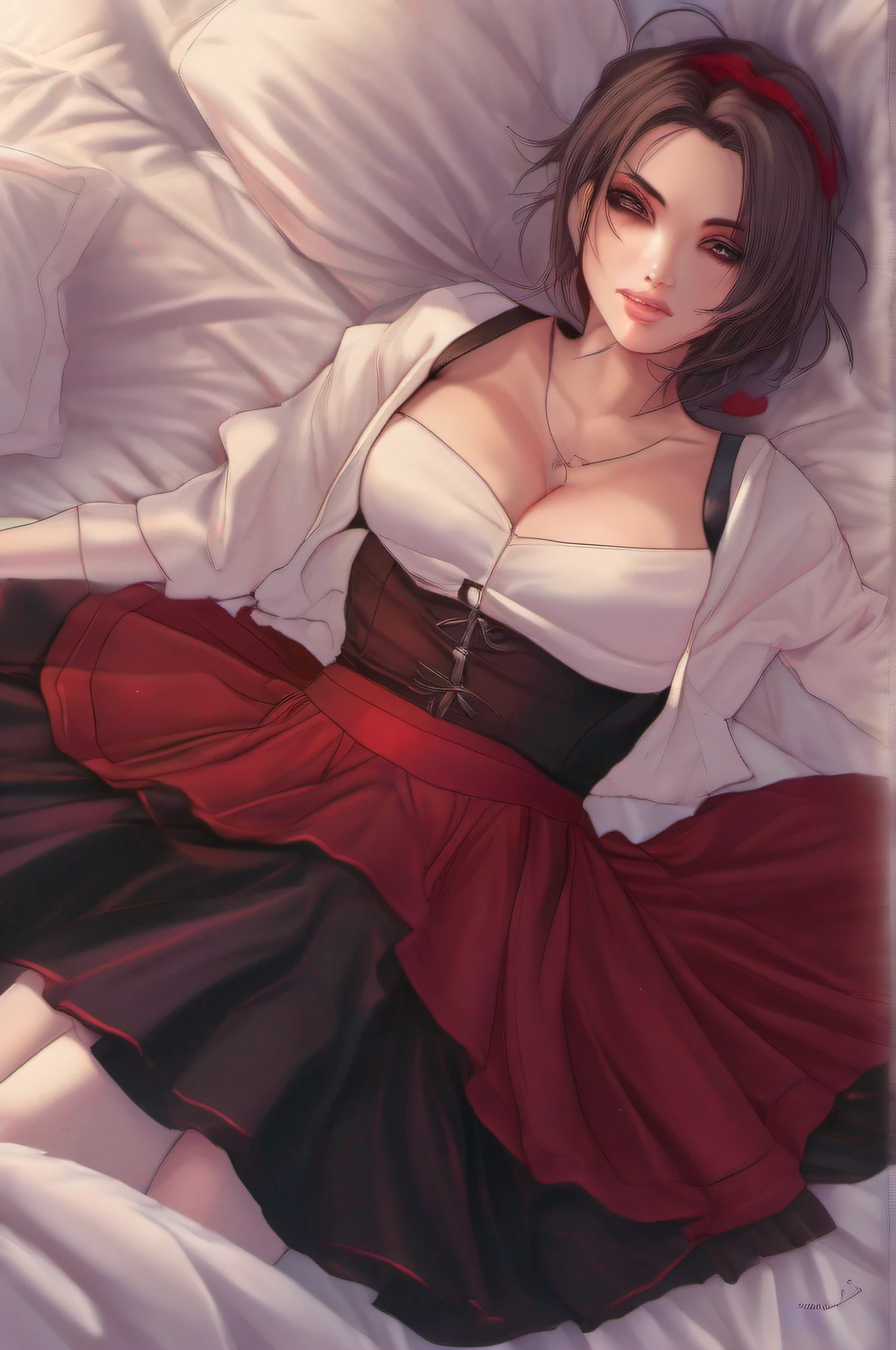 ((Foto von "Ruby Rose Langenheim" in a large bed)), ((She lies exhausted on the bed)), ((dark red miniskirt)), (((black panty under the dark red skirt))), ((she smiles seductively at the viewer)), ((she has round breasts))