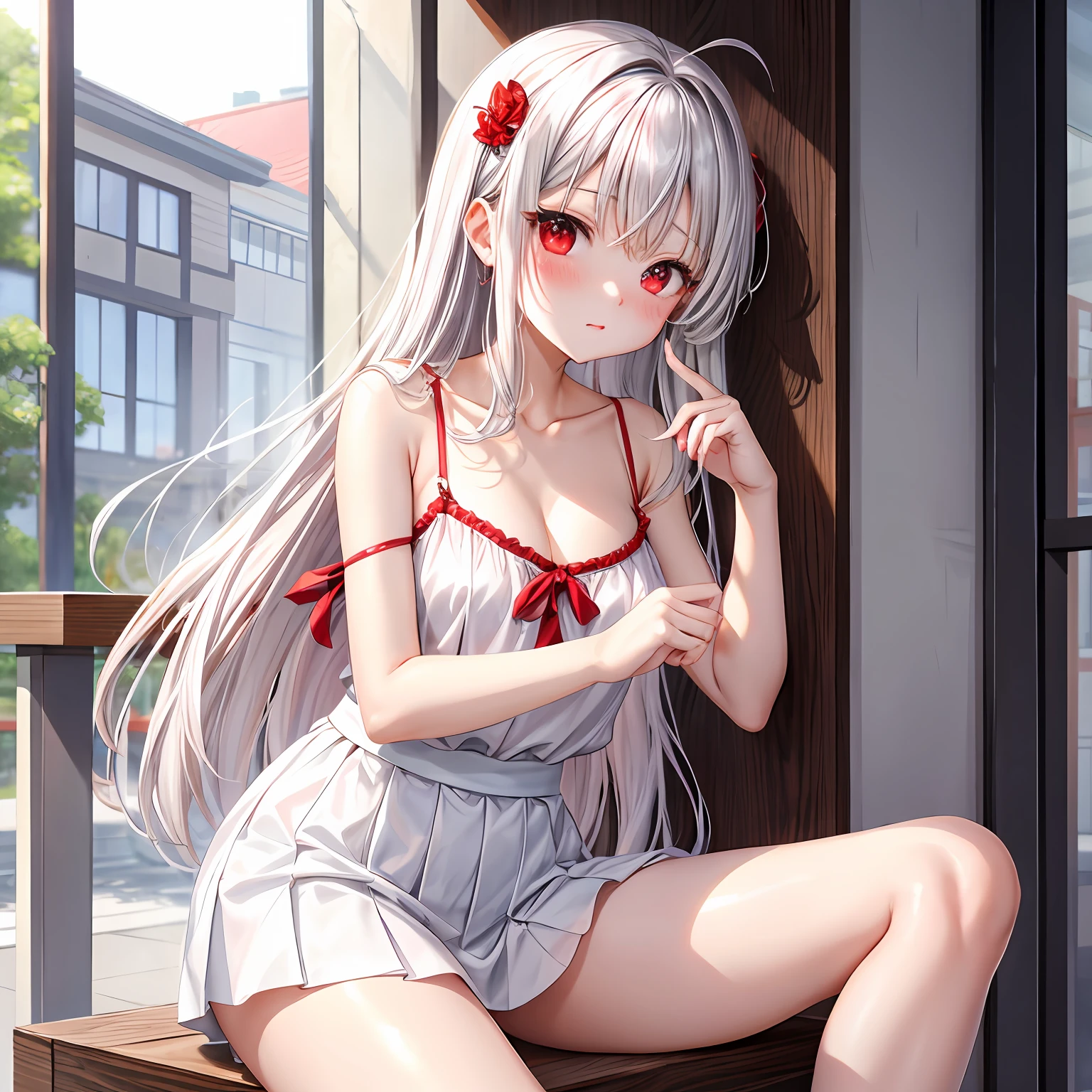 silber hair、red eyes、One pretty girl、独奏、animesque、White camisole、a miniskirt、red blush、