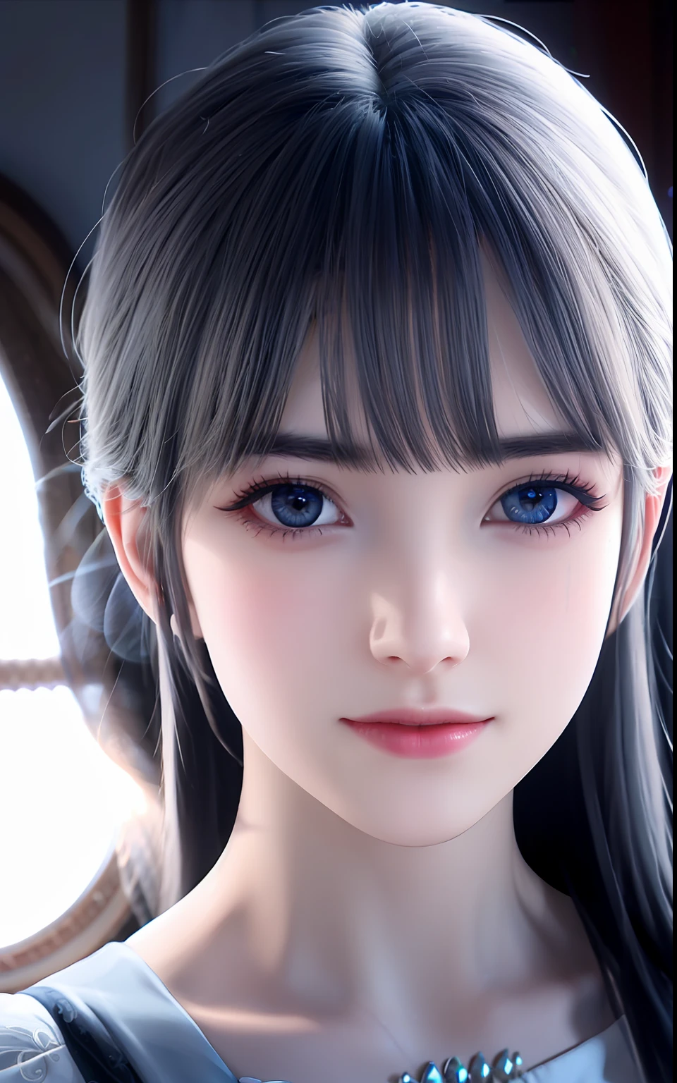 animesque、One Person18Beautiful woman of age、Moist eyes like clear glass、Beautiful detailed woman, extremely detailed eye and face, Beautiful detailed eyes, Moisturized eyes、ciri、a picture、androgynous hunnuman、oval jaw、Delicate features、Beautiful expression、The hair、Long bangs、long pony tail、Blue eyes with a beautiful glow、LDS Art
