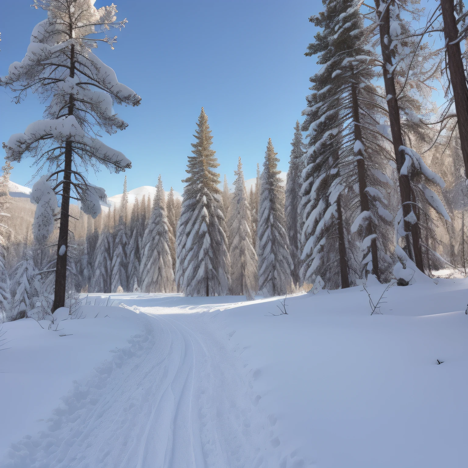 obra maestra, fondo de pantalla de 8k de CG unity de la mejor calidad de (una linda pareja en el centro, 1.5) mira fijamente al espectador, un impresionante paisaje invernal, cubierto por un manto de nieve. (un sendero) serpentea a lo lejos, en el costado, Tall evergreens stand with their branches burdened by heavy snow, un camino lejano (ciudad brumosa)