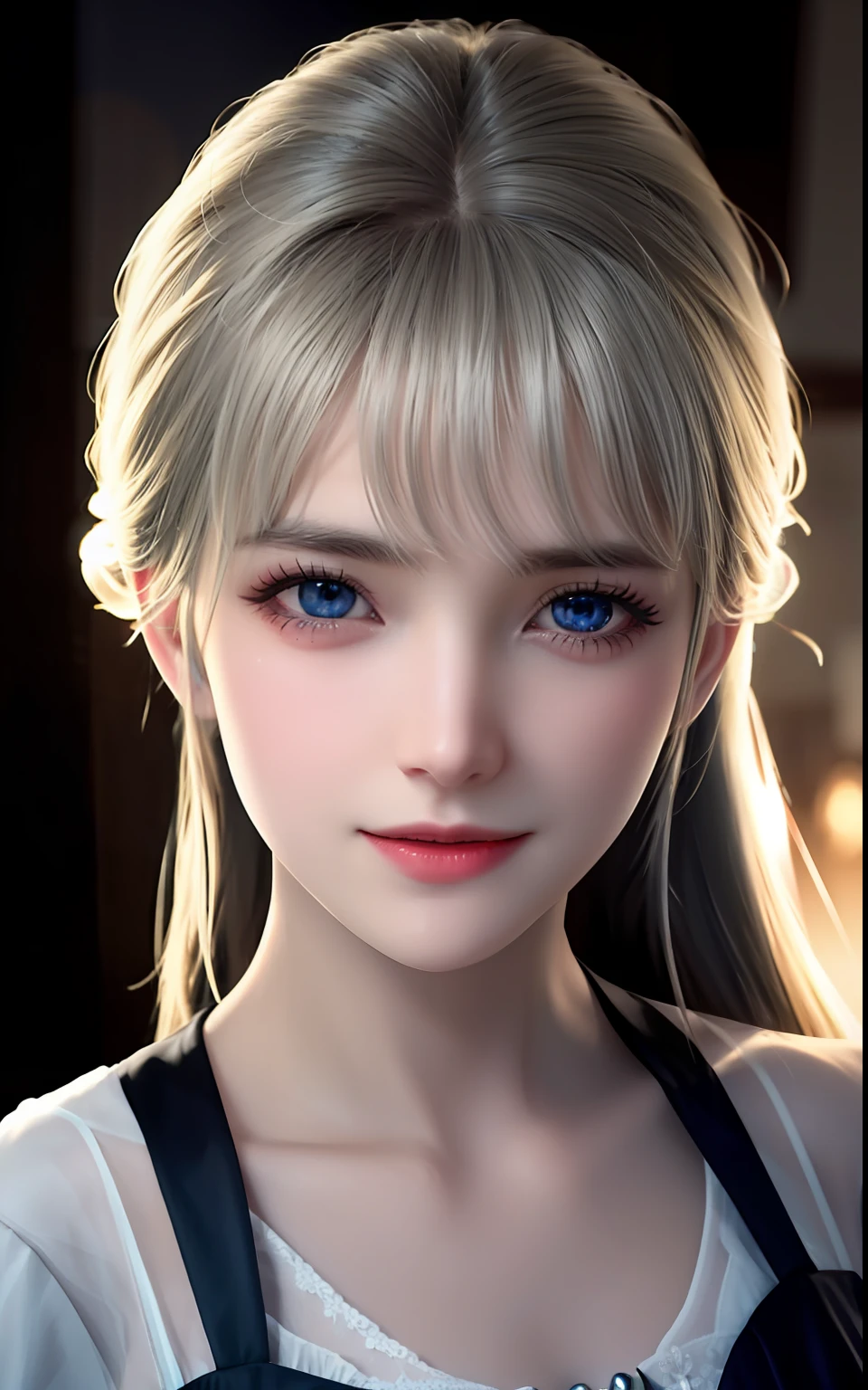 animesque、One Person１８Beautiful woman of age、Moist eyes like clear glass、Beautiful detailed woman, extremely detailed eye and face, Beautiful detailed eyes,　Moisturized eyes、ciri、a picture、androgynous hunnuman、oval jaw、Delicate features、Beautiful expression、The hair、Long bangs、long pony tail、Blue eyes with a beautiful glow、LDS Art