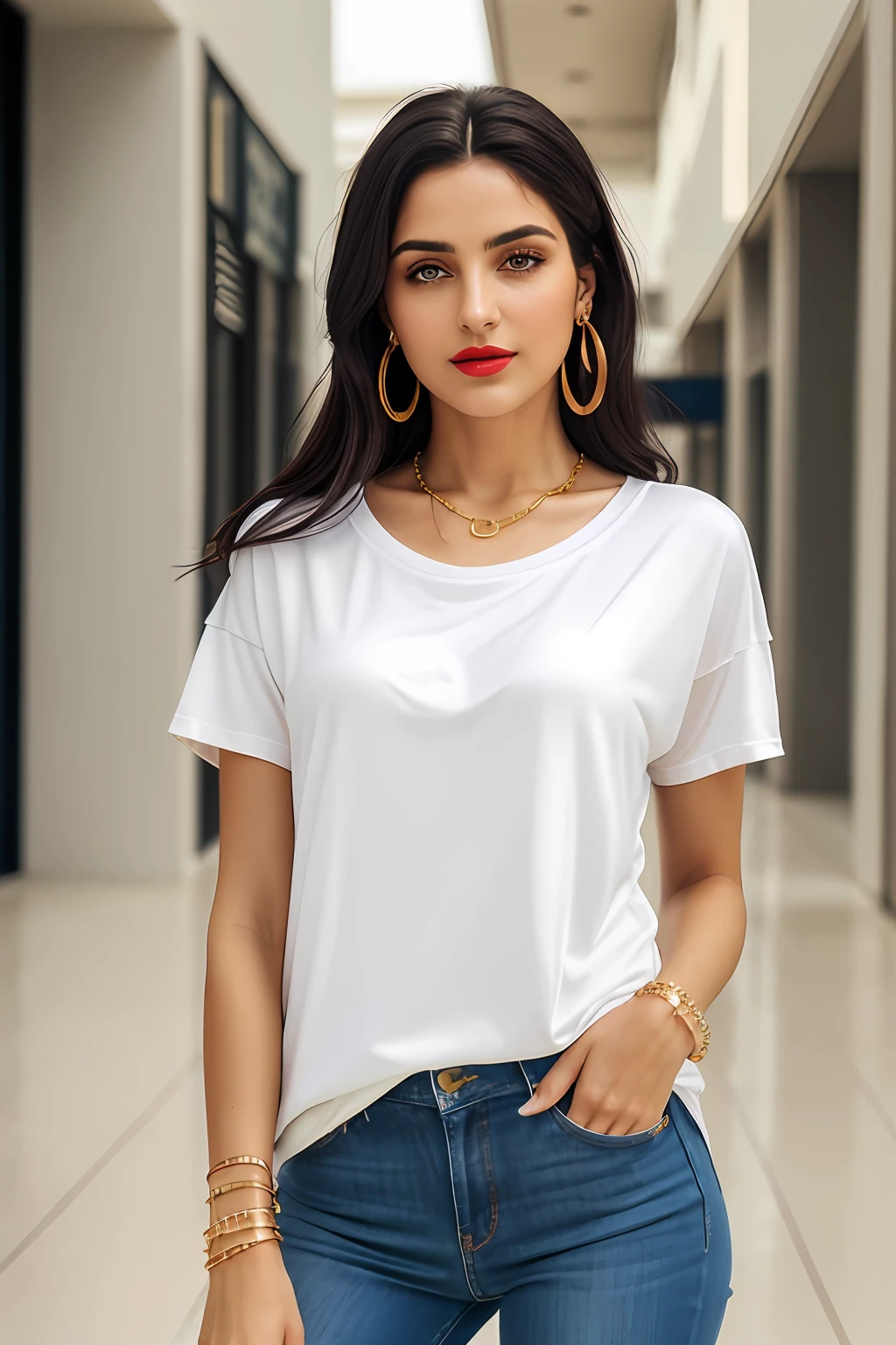 (RAW photo, realism: 1.8), (dark lip gloss, light red lipstick, many eyelashes, dark black eye shadow, shy, blushing, high quality, high resolution, depth of field, chromatic aberration, caustic, wide light, natural colors, 30 year old woman), neck thin gold chain, small earrings, gold bracelets, wear many accessories, large toned breasts, style A good woman,
((Best Quality, 8k, Masterpiece:1.3)), Focus: 1.2, Perfect Body Beauty: 1.4, Arabian 30 years old woman: 1.2, ((Short silky Hairs)), (Purple baggy basic tee-shirt:1.1), basic full body length tee-shirt, grey skinny damage jeans, long jeans: 1.1, Highly detailed face and skin texture, Detailed eyes, Double eyelids, toned body, Whitened skin, minor smile, large breasts, toned legs, beautiful detailed feets, long heel's, detailed feets and fingers, perfect feet's, toned legs, whitened skin, detailed sharp eyes and face, middle eastern woman, baggy basic tee-shirt, simple plain Baggy Tee-shirt, toned hips, 8K UHD, neck gold chain, model looks, standing outside at ((Dolman Mall Clifton Karachi)) carrying brown leather hand bag, rainy weather, wearing wrist watch, bracelet, bangle's open legs style Posing, rainy atmosphere, standing at Dolman Mall Clifton Karachi,