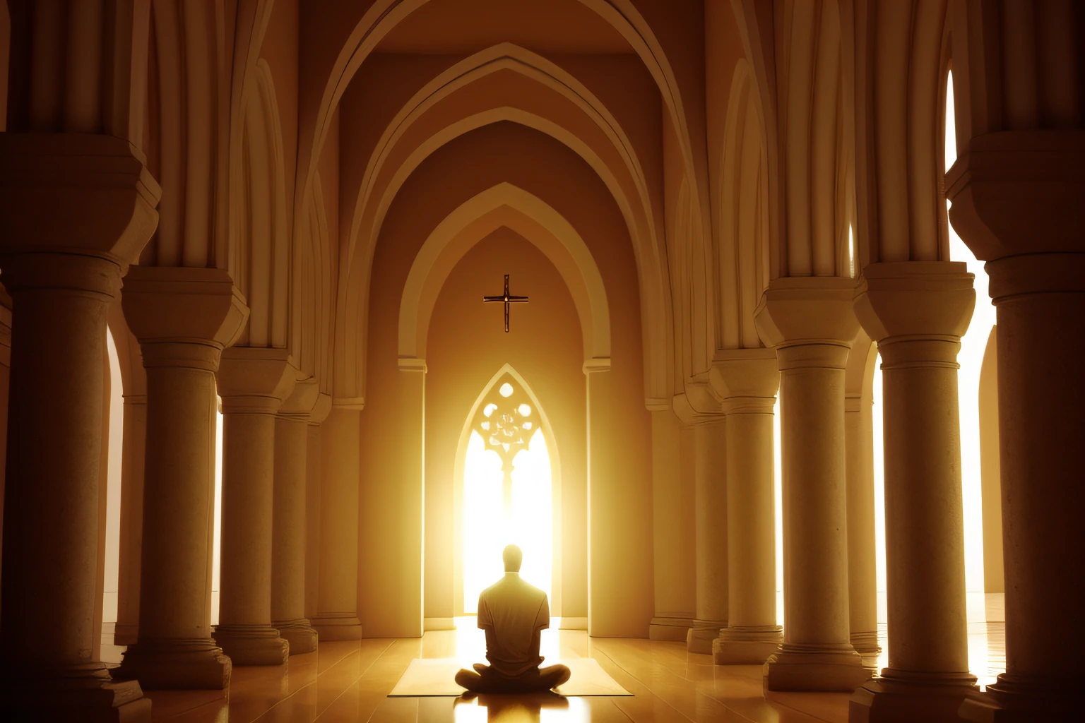 uma cena sagrada e introspectiva, onde um devoto encontra-se em um ambiente tranquilo e espiritual. The figure is on his knees, in an attitude of prayer and contemplation, a luz do entardecer penetra pelas janelas, creating a serene and mystical setting, The atmosphere is marked by soft shades of gold, that symbolize the divine presence and spiritual enlightenment