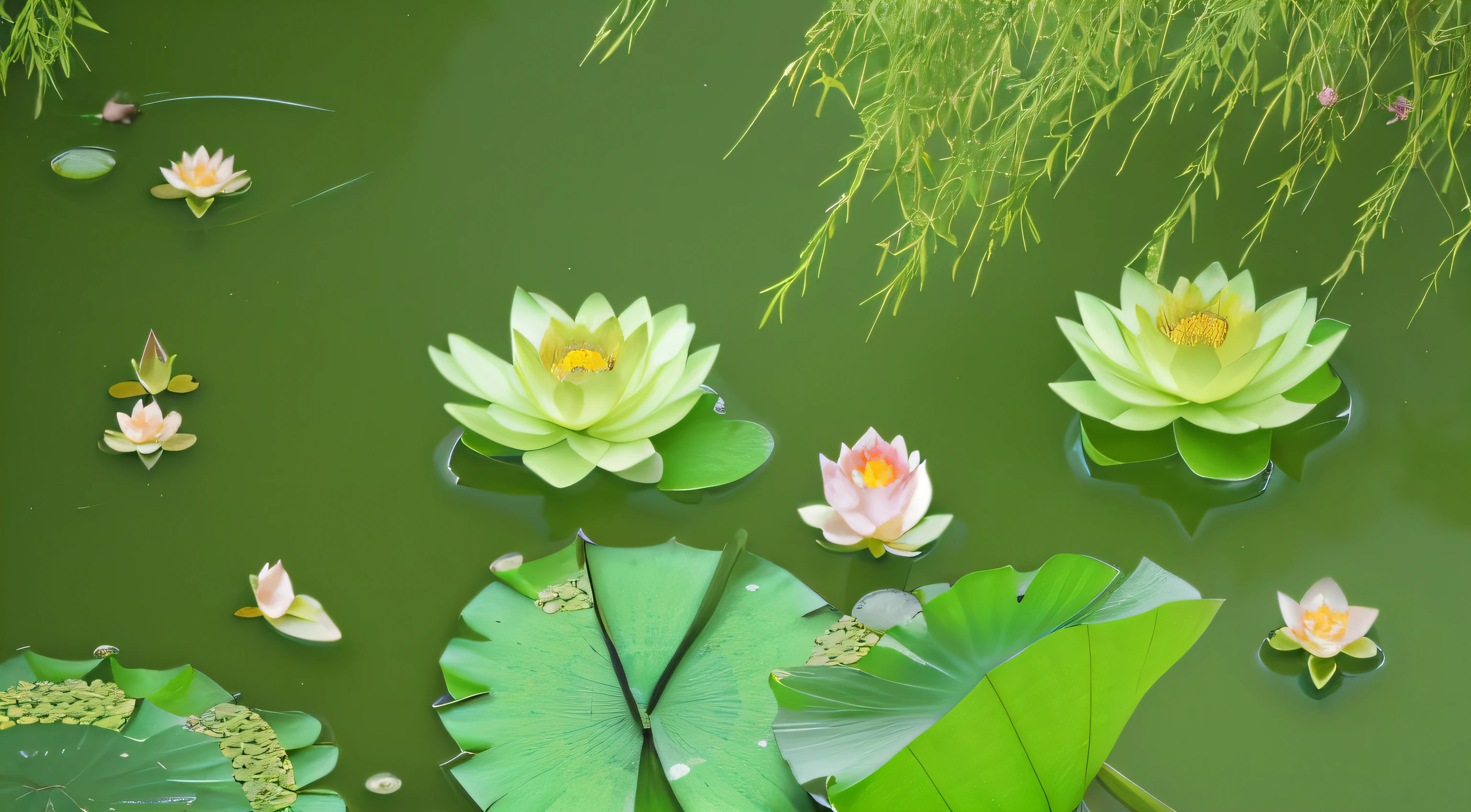 There are many different types of flowers and fish in the water, lotuses, Lotus pond, lotus flowers on the water, lotuses, the lilies. 8 k'', zen natural background, lotus flower, Lotus, background artwork, with lotus flowers, Nature background, beautiful composition 3 - d 4 k, high-quality wallpaper, water lilies, Beautiful wallpaper