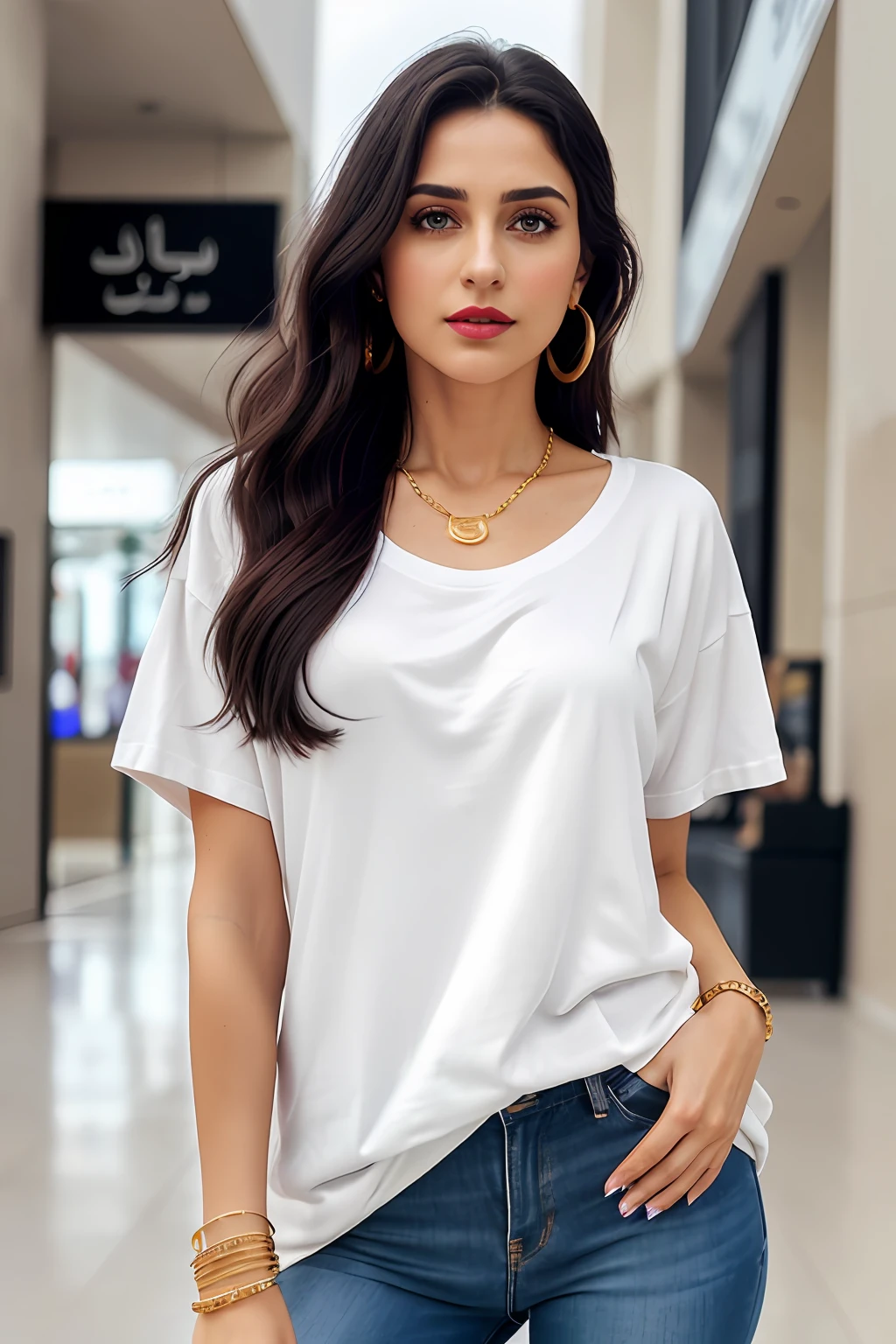(RAW photo, realism: 1.8), (dark lip gloss, light red lipstick, many eyelashes, dark black eye shadow, shy, blushing, high quality, high resolution, depth of field, chromatic aberration, caustic, wide light, natural colors, 30 year old woman), neck thin gold chain, small earrings, gold bracelets, wear many accessories, large toned breasts, style A good woman,
((Best Quality, 8k, Masterpiece:1.3)), Focus: 1.2, Perfect Body Beauty: 1.4, Arabian 30 years old woman: 1.2, ((Short silky Hairs)), (Purple baggy basic tee-shirt:1.1), basic full body length tee-shirt, grey skinny damage jeans, long jeans: 1.1, Highly detailed face and skin texture, Detailed eyes, Double eyelids, toned body, Whitened skin, minor smile, large breasts, toned legs, beautiful detailed feets, long heel's, detailed feets and fingers, perfect feet's, toned legs, whitened skin, detailed sharp eyes and face, middle eastern woman, baggy basic tee-shirt, simple plain Baggy Tee-shirt, toned hips, 8K UHD, neck gold chain, model looks, standing outside at ((Dolman Mall Clifton Karachi)) carrying brown leather hand bag, rainy weather, wearing wrist watch, bracelet, bangle's open legs style Posing, rainy atmosphere, standing at Dolman Mall Clifton Karachi,