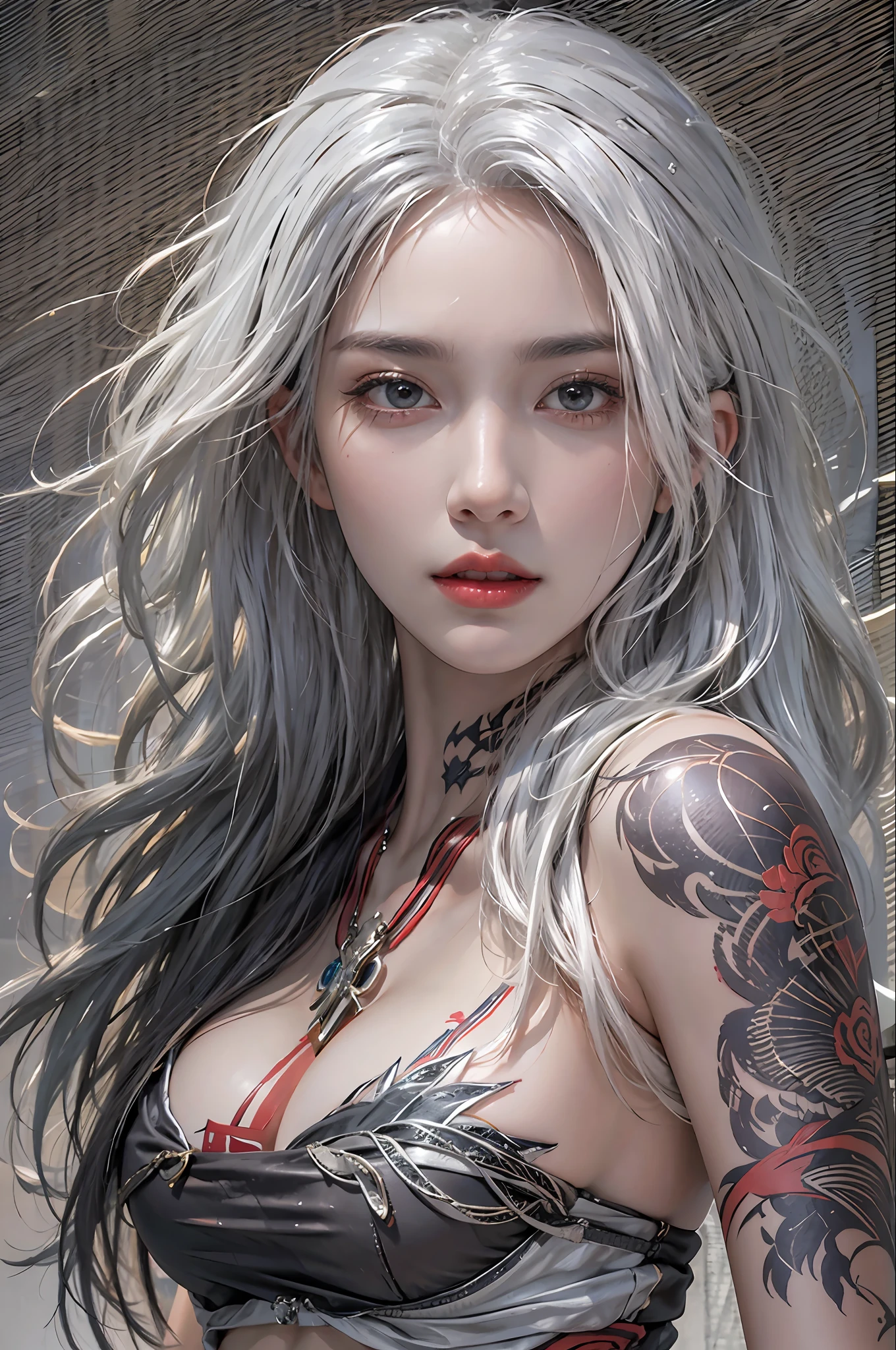 photorealistic, high resolution, 1women, solo, hips up, look at viewer, (detailed face), white hair, long hair, medium breasts, Stomach tattoos