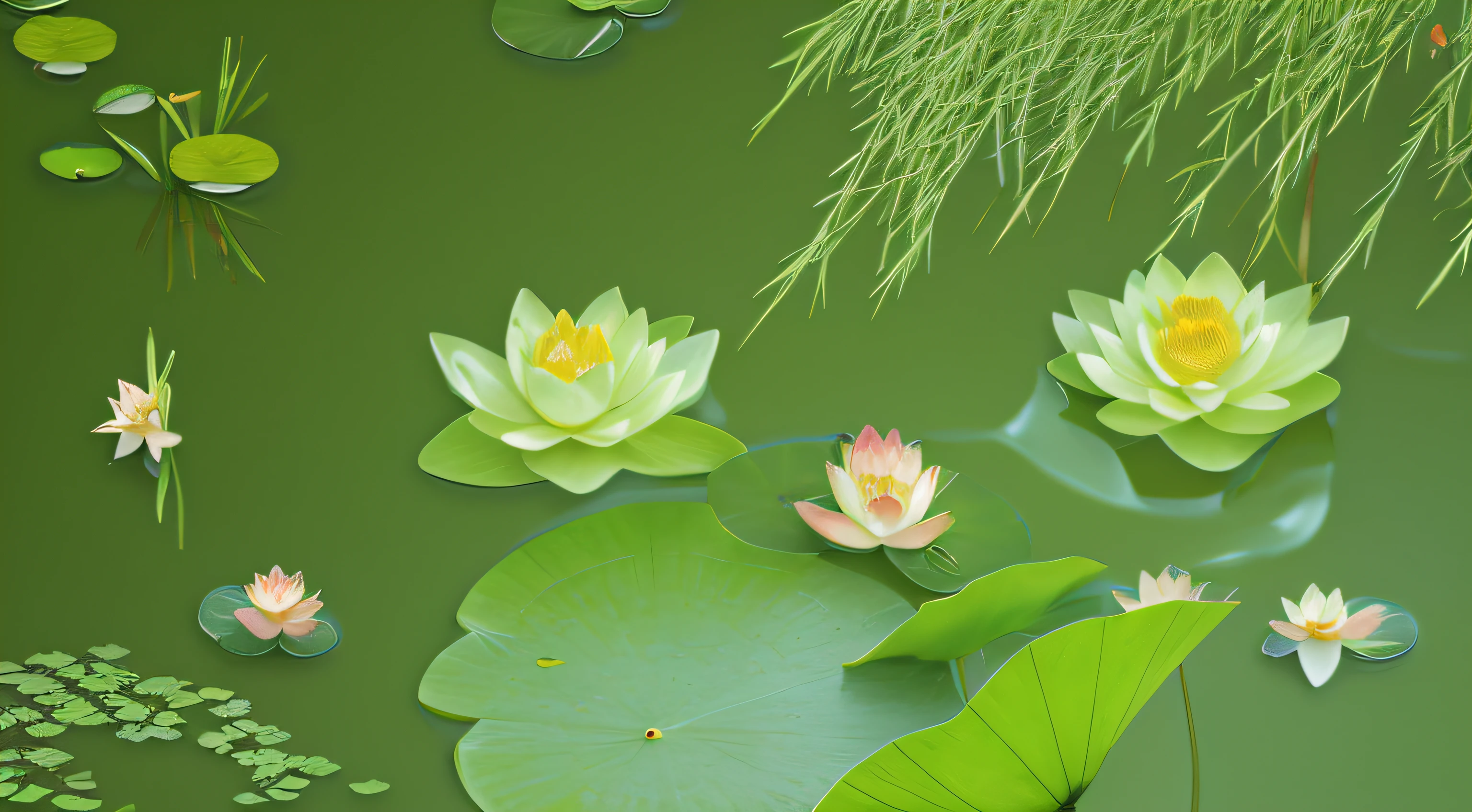 There are many different types of flowers and fish in the water, lotuses, Lotus pond, lotus flowers on the water, lotuses, the lilies. 8 k'', zen natural background, lotus flower, Lotus, background artwork, with lotus flowers, Nature background, beautiful composition 3 - d 4 k, high-quality wallpaper, water lilies, Beautiful wallpaper