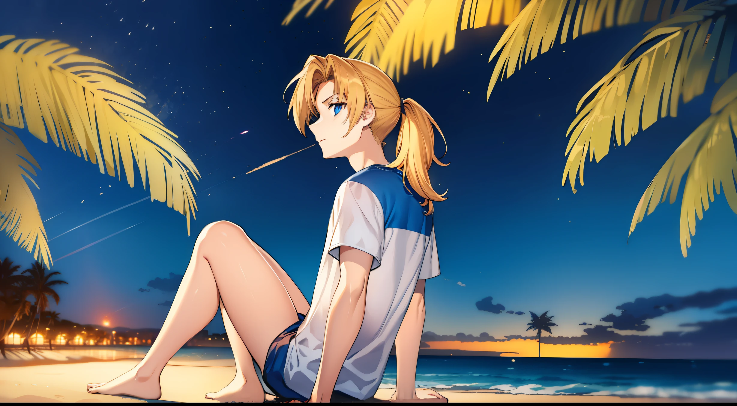 1man，Golden hair，pony tails，blue color eyes，beachside，deep in the night，fire works，swim wears，No bra，Sitting