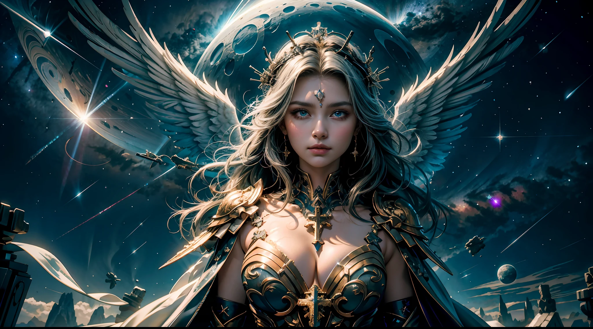 （tmasterpiece）， （best qualtiy：1.4）， [：intricately details：0.2]， angelicales，Large breasts，crosses， galactic，starrysky，Starcloud，solar eclipse， Mysterious symbol，dramatics