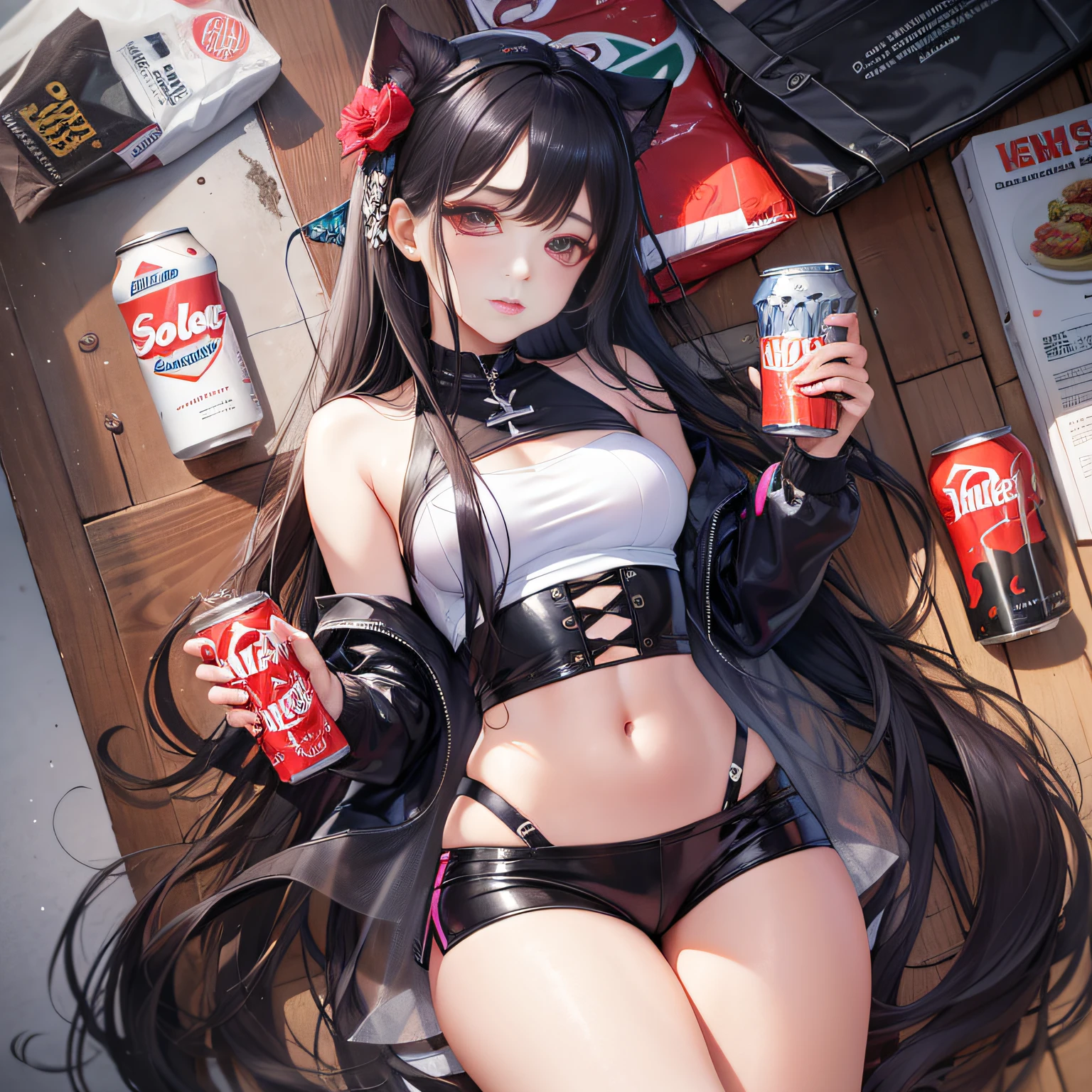 An Arapei girl with long black hair holds a can of soda, ulzzangs, Guviz, Guviz-style artwork, Shin Jinying, jaeyeon nam, anime girls drink Energy drink, pale fair skin!!, Milky white skin, portrait jisoo blackpink, Kim Do-young, pale snow-white skin, portrait of jossi of blackpink