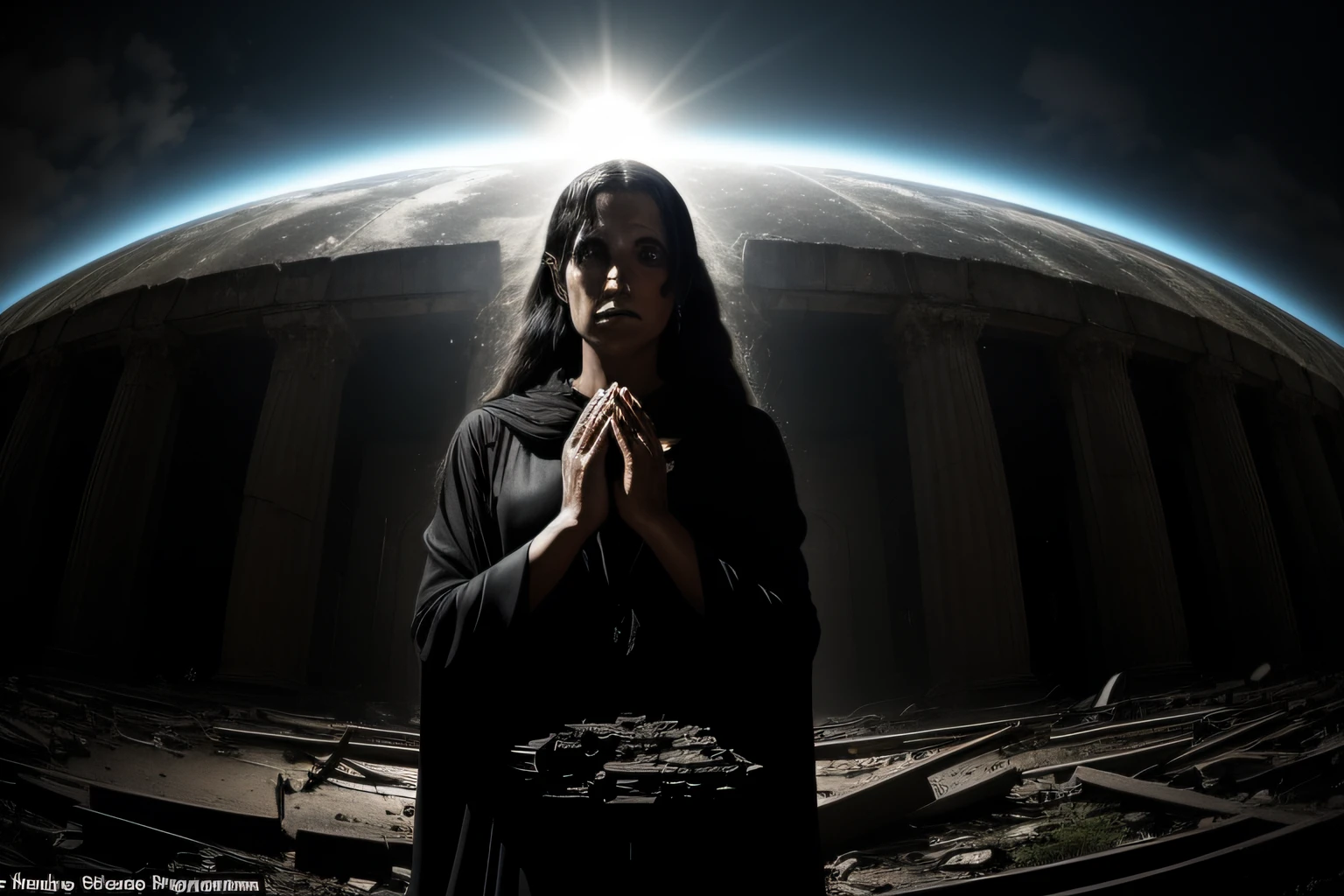 Imagine an apocalyptic scene, where darkness hangs over the earth, symbolizing the times of tribulation described in the Bible. The shadowy shadows envelop ruins and debris, conveying the sense of chaos and despair. No centro da imagem, Highlight an enigmatic and divine figure, whose presence radiates a heavenly and bright light