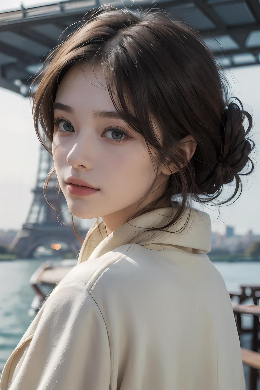 ((ultra-realistic realism+Pure),eyes with brightness,Wheat-colored skin),High-definition image quality,Dynamic tilt,High nose,Realistic details,Unity 8k壁纸,Super fine,A masterpiece of beauty,top-quality,tidal current,Sweet and lovely,Eiffel Tower background,coat large,Brown hair long,ssmile,with a round face,full bodyesbian,Faraway view。
