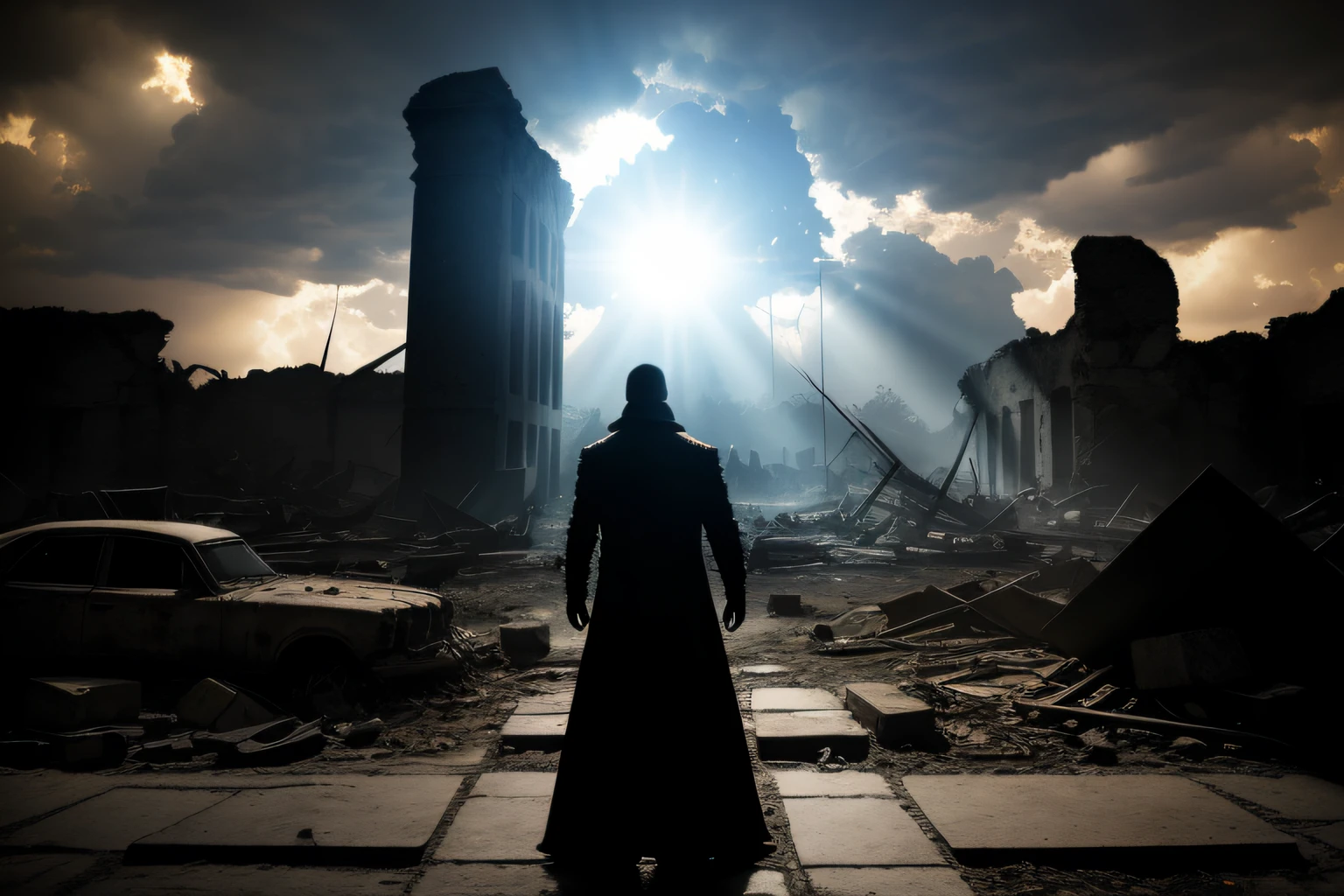 Imagine an apocalyptic scene, where darkness hangs over the earth, symbolizing the times of tribulation described in the Bible. The shadowy shadows envelop ruins and rubble, conveying the sense of chaos and despair. no centro da imagem, Highlight an enigmatic and divine figure, whose presence radiates a celestial and bright light