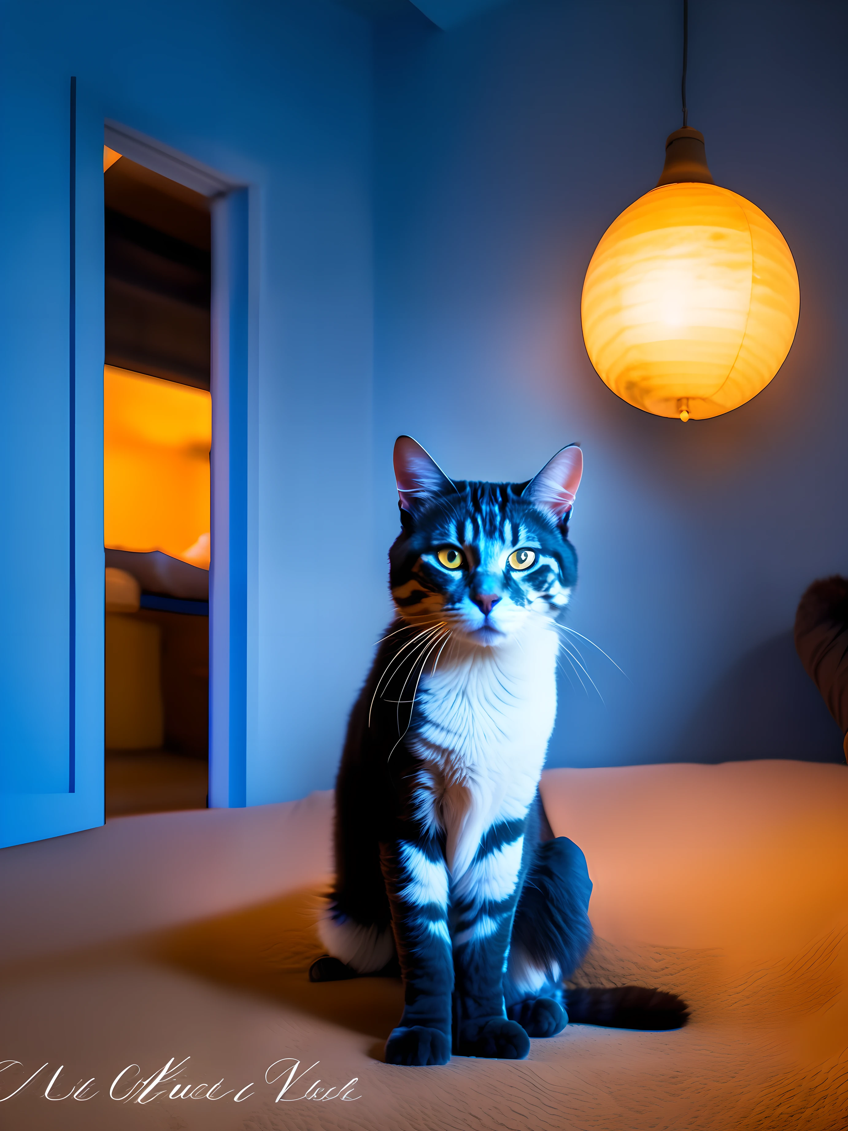 A panoramic photo, um homem com a pele de gato azul, em uma noite de lua cheia, with low lighting, um lado luz azul do outro luz laranja