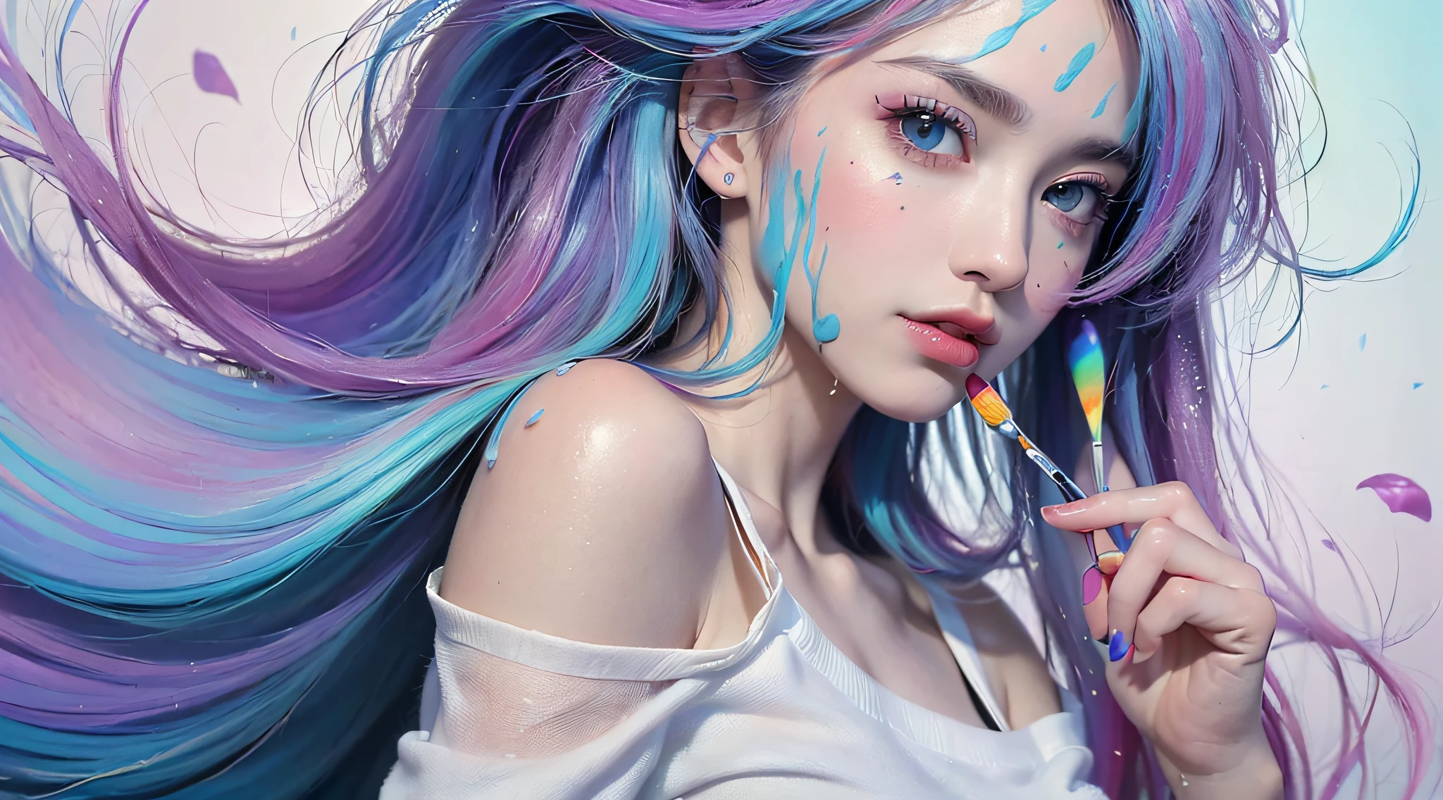 (Pink Fashion T-shirt:1.9),(Colorful hair: 1.8), (all the colours of the rainbow: 1.8),(((((vertical painting:1.6))), (painting:1.6),front, comics, illustrations, paintings, large eyes, crystal clear eyes,( rainbow color gradient high ponytail:1.7), exquisite makeup, closed mouth,(Small Fresh: 1.5),(Wipe Chest: 1.6) ,long eyelashes, white off shoulder T-shirt, White Shoulder Shirt,looking at the audience, large watery eyes, (rainbow colored hair:1.6), color splash, (solo:1.8), color splash, color explosion, thick paint style, messy lines, ((shining)),(colorful), (colorful), (colorful), colorful, Thick Paint Style, (Splash) (Color Splash), Vertical Painting, Upper Body, Paint Splash, Acrylic Pigment, Gradient, Paint, Highest Image Quality, Highest Quality, Masterpiece, Solo, Depth of Field, Face Paint, colorful clothes, (Elegant: 1.2), gorgeous,long hair, wind, (Elegant: 1.3), (Petals: 1.4),(((masterpiece))),(((best quality))),((ultra-detailed)),(illustration),(dynamic angle),((floating)),(paint),((disheveled hair)),(solo),(1girl) , (((detailed anima face))),((beautiful detailed face)),collar,bare shoulders,white hair, ((colorful hair)),((streaked hair)),beautiful detailed eyes,(Gradient color eyes),(((colorful eyes))),(((colorful background))),(((high saturation))),(((surrounded by colorful splashes))),