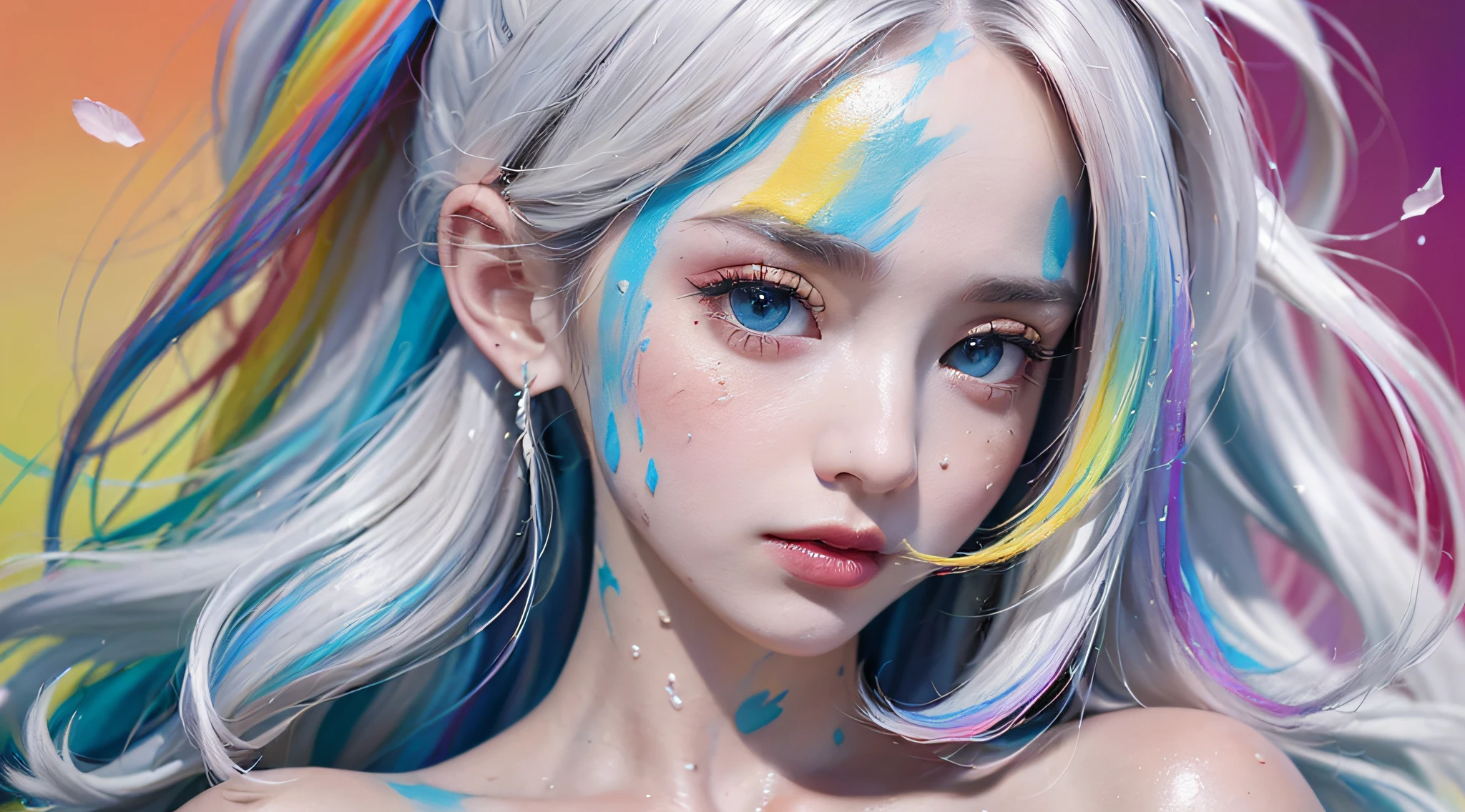 (Pink Fashion T-shirt:1.9),(Colorful hair: 1.8), (all the colours of the rainbow: 1.8),(((((vertical painting:1.6))), (painting:1.6),front, comics, illustrations, paintings, large eyes, crystal clear eyes,( rainbow color gradient high ponytail:1.7), exquisite makeup, closed mouth,(Small Fresh: 1.5),(Wipe Chest: 1.6) ,long eyelashes, white off shoulder T-shirt, White Shoulder Shirt,looking at the audience, large watery eyes, (rainbow colored hair:1.6), color splash, (solo:1.8), color splash, color explosion, thick paint style, messy lines, ((shining)),(colorful), (colorful), (colorful), colorful, Thick Paint Style, (Splash) (Color Splash), Vertical Painting, Upper Body, Paint Splash, Acrylic Pigment, Gradient, Paint, Highest Image Quality, Highest Quality, Masterpiece, Solo, Depth of Field, Face Paint, colorful clothes, (Elegant: 1.2), gorgeous,long hair, wind, (Elegant: 1.3), (Petals: 1.4),(((masterpiece))),(((best quality))),((ultra-detailed)),(illustration),(dynamic angle),((floating)),(paint),((disheveled hair)),(solo),(1girl) , (((detailed anima face))),((beautiful detailed face)),collar,bare shoulders,white hair, ((colorful hair)),((streaked hair)),beautiful detailed eyes,(Gradient color eyes),(((colorful eyes))),(((colorful background))),(((high saturation))),(((surrounded by colorful splashes))),