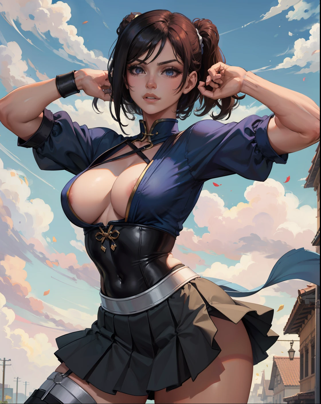 Chun li, Street Fighter, 8k, obra-prima, qualidade bset, grande, (1 ), cabelo longo, profesional lighting, (pele brilhante: 1.2), grande brilhante, ((melhor qualidade)), foco nítido: 1.2, rosto altamente detalhado e textura da pele, olhos detalhados, olhos perfeitos, rosto perfeito, corpo perfeito, art blur, cg, fundo, seios grandes, Presence (20yo, maduro fresco e bonito rosto), vestindo ((Black skirt suspension), luvas de cotovelo roxas, camisa branca tensa, coxa, regata branca), blush, (mittgal), randome pose, vista superior, artgerm art.