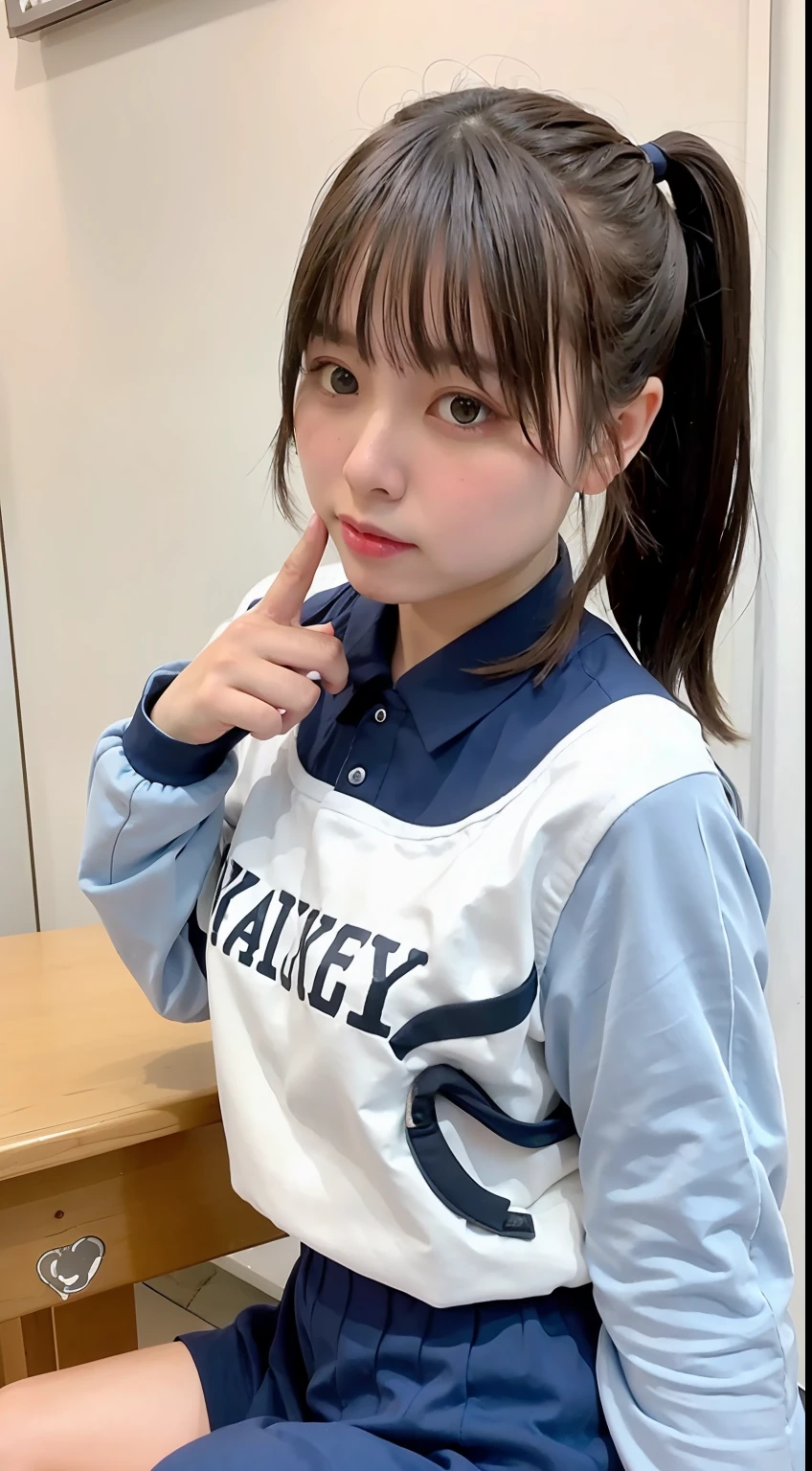 Young girl in white gym clothes, Japan School White Gym Clothes、taken with sony alpha 9, a hyperrealistic schoolgirl, sakimichan hdri, 8K!!, 奈良美智, zora々Shishi Japan of Girls, chiho, Realistic Young Gravure Idol、slightly larger breasts、poneyTail、Wearing navy blue bloomers、