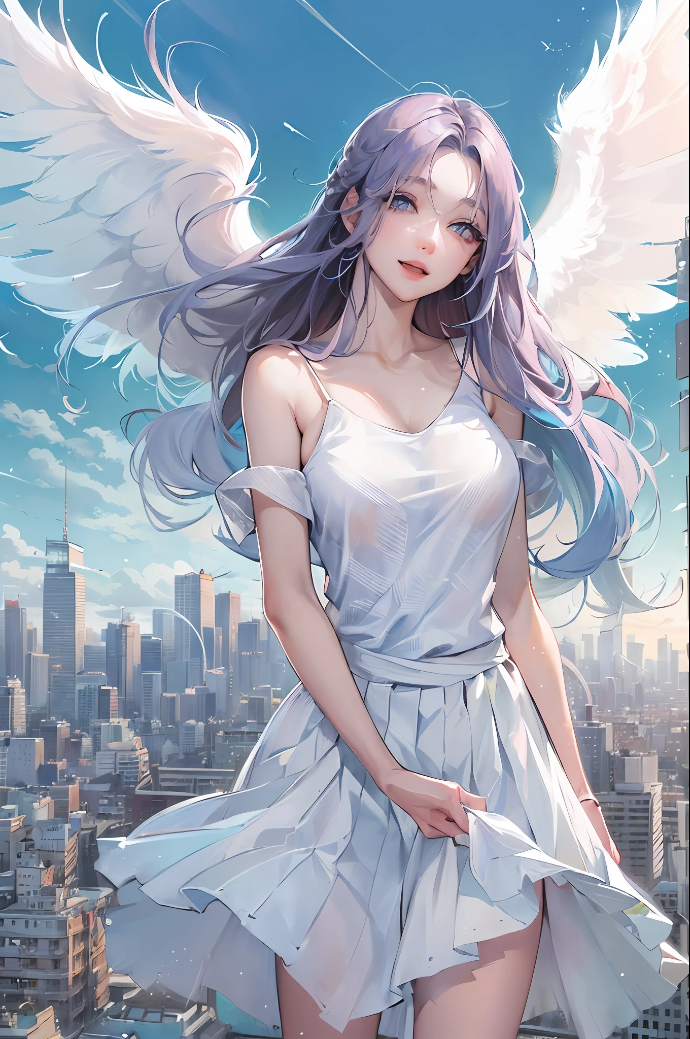 official art, masterpiece, sharp focus, (beautiful gorgeous cute Korean woman:1.3), (beautiful cute korean:1.3), korean beauty, Delicate and beautiful hair and eyes and face, realistic, ultra detailed, beautiful girl, blue sky, glow white particle, (sidelighting:1.2), sun light, white cloud, detailed clouds, slender, very large hips, smile with teeth, ((smile with eyes, open both eyes)), scenery, long straight hair, sexy facial expression, building, (cityscape:1.7), dynamic hair, long straight hair, detailed platinum pink hair, glow blue eyes, (blue pleated shirts + white skirt), white long socks, pale skin, hair ornament, epic scenery, angel, queen, knight
