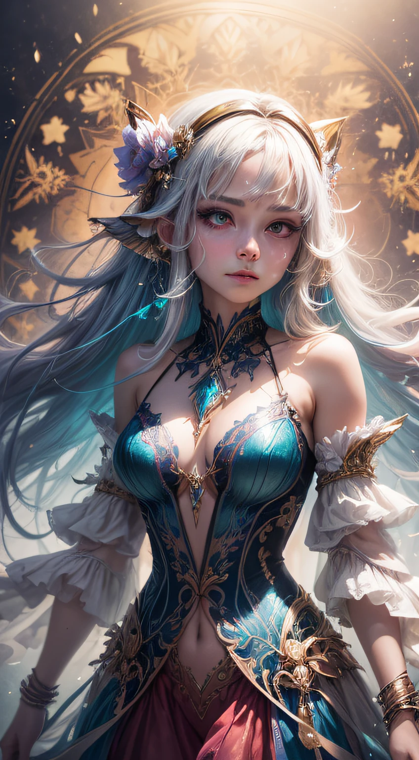 A captivating anime girl gracefully emerges from the pages of a watercolor painting, her vibrant and intricate colors breathing life into the artwork. She wears extraordinary fantasy costumes,Decorated with exquisite details, reflecting the enchanting world she inhabits. Luminescent elements, like glowing crystals and ethereal wisps, surround her, casting a soft, otherworldly glow. The watercolor style imbues the image with a sense of fluidity and delicacy, as if the colors are effortlessly blending and bleeding into one another. Camera shot: Medium Shot, Camera lens: softfocus, Lighting: luminescent glow, watercolor brushstrokes,