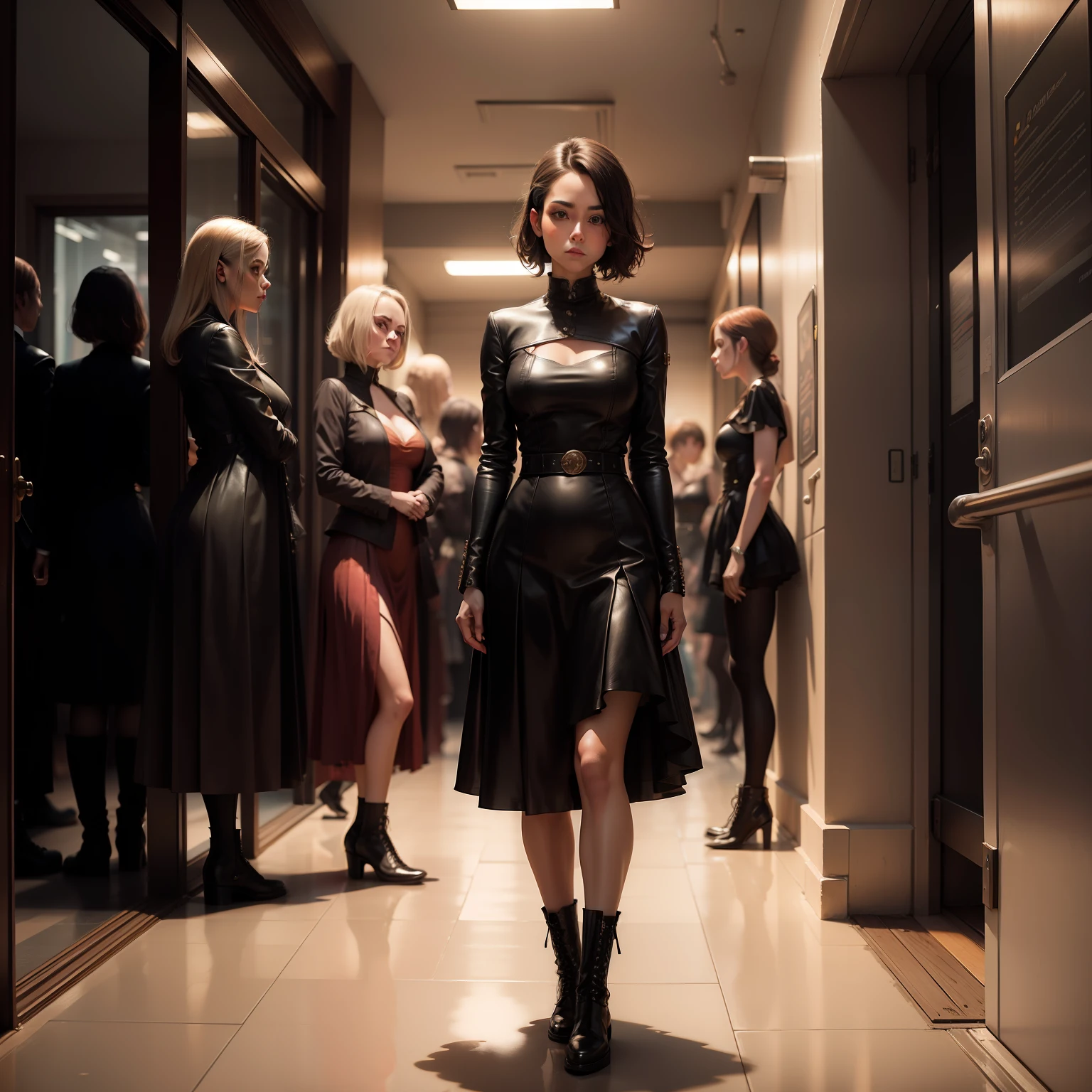 Pee through outfiit, Waiting in long line of women for bathroom , Wearing one length leather pleated ball gown , Wearing steam punk combat boots, Surrealism, 8k, super detail