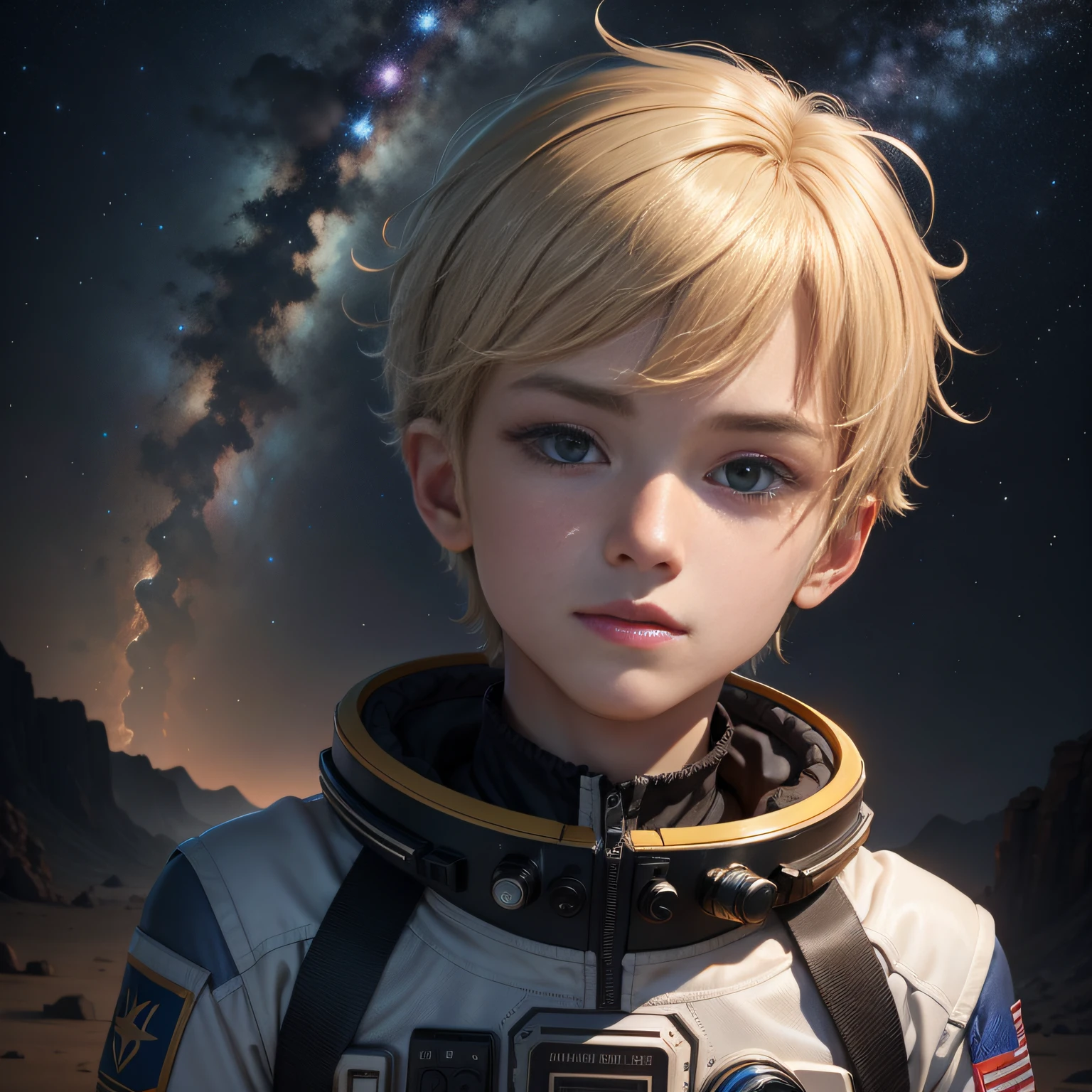 4K，A high resolution，tmasterpiece，best qualtiy，Head：1.3，nigh sky，As estrelas，dynamic angle，[：（详细的脸:1.2):0.2], Short blonde hair，goggles on head，beautiful blueish eyes，Spacesuit，ssmile，having fun，head straight-looking at viewer，schoolboy，young  male，shoun，boy