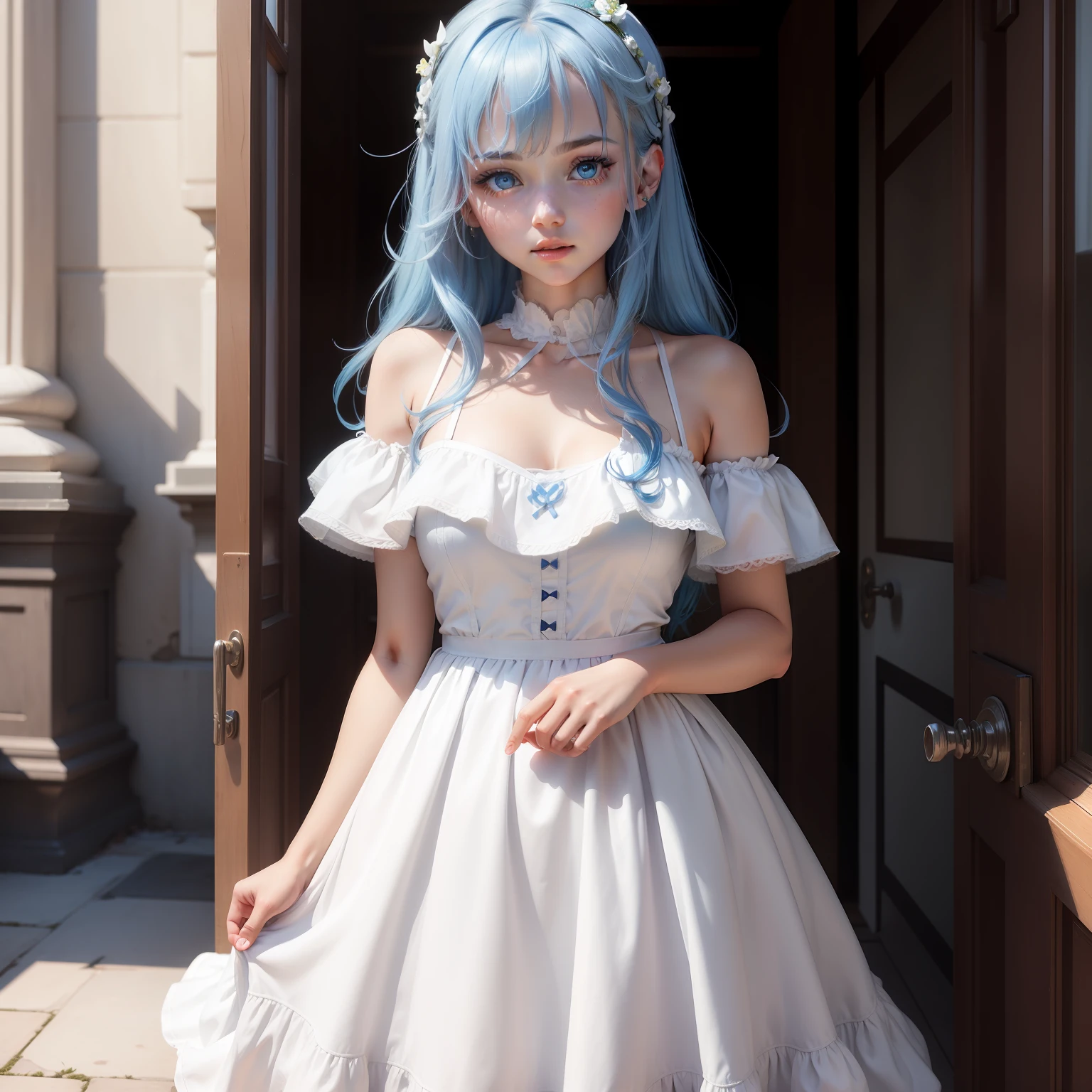a girl, blue hair, blue eyes, white dress