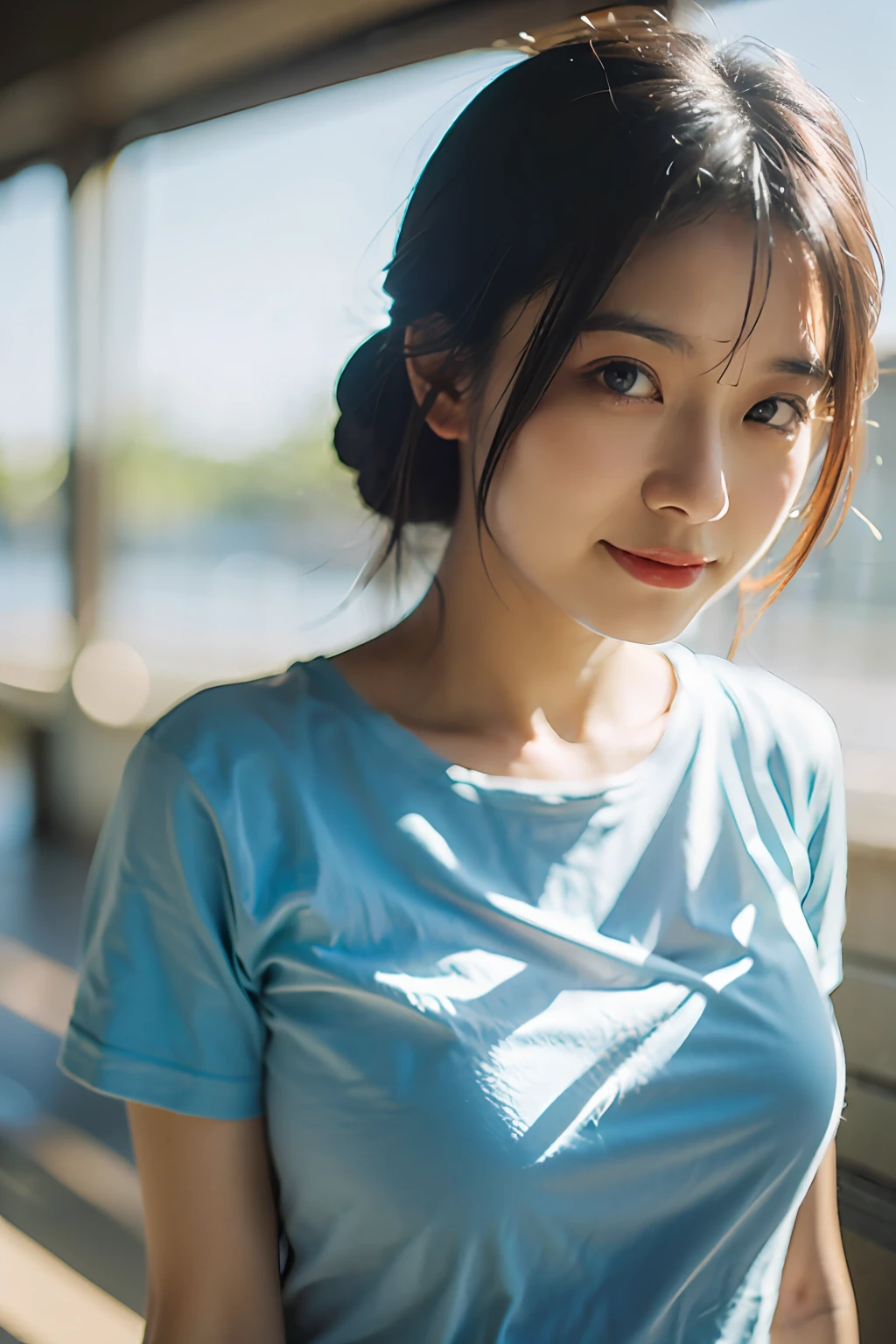 Best Quality, Masterpiece, Ultra High Resolution, (Realistic: 1.4), Original Photo, Official Art, Wallpaper, Bust Photo, Skin, Simple Background, Black Eyes, Details, 1 Girl, Light Blue T-Shirt, Breeze, Sunshine, Shy Face, Water Mist, Studio light,