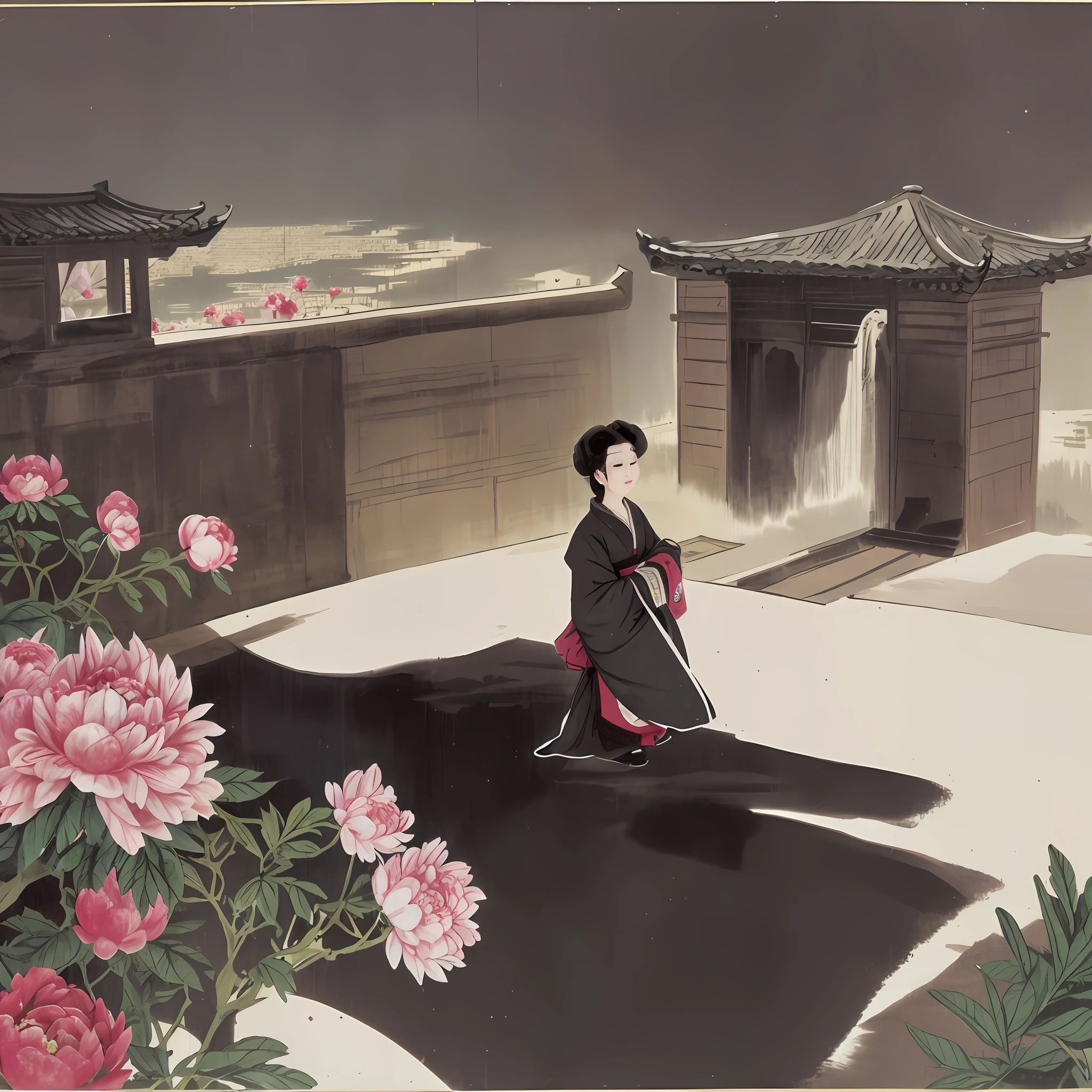 Li Min，the Tang Dynasty，night scene，Peonies，palaces，robe