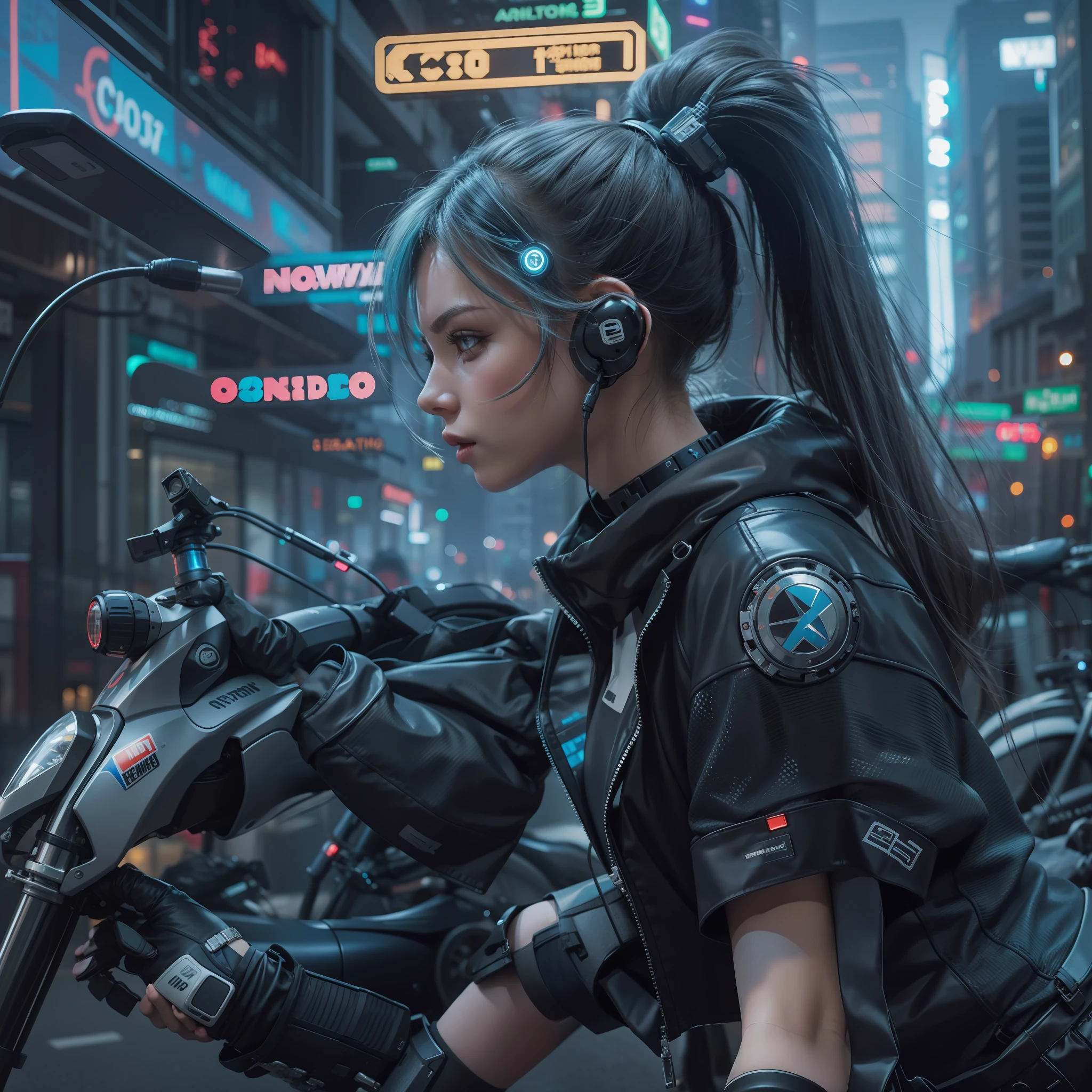 cyberpunked,Cyber City,Hi-Tech,High-tech townscape,Bikes of the near future,Girl with a gun,poneyTail,high-level image quality