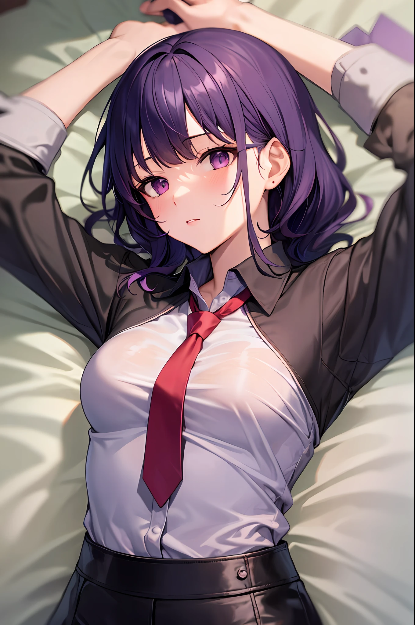 1, black shirt,purple hair,red necktie, lying,on back,bed,arms up,military uniform,small breasts, pencil skirt,masterpiece, highres, best quality