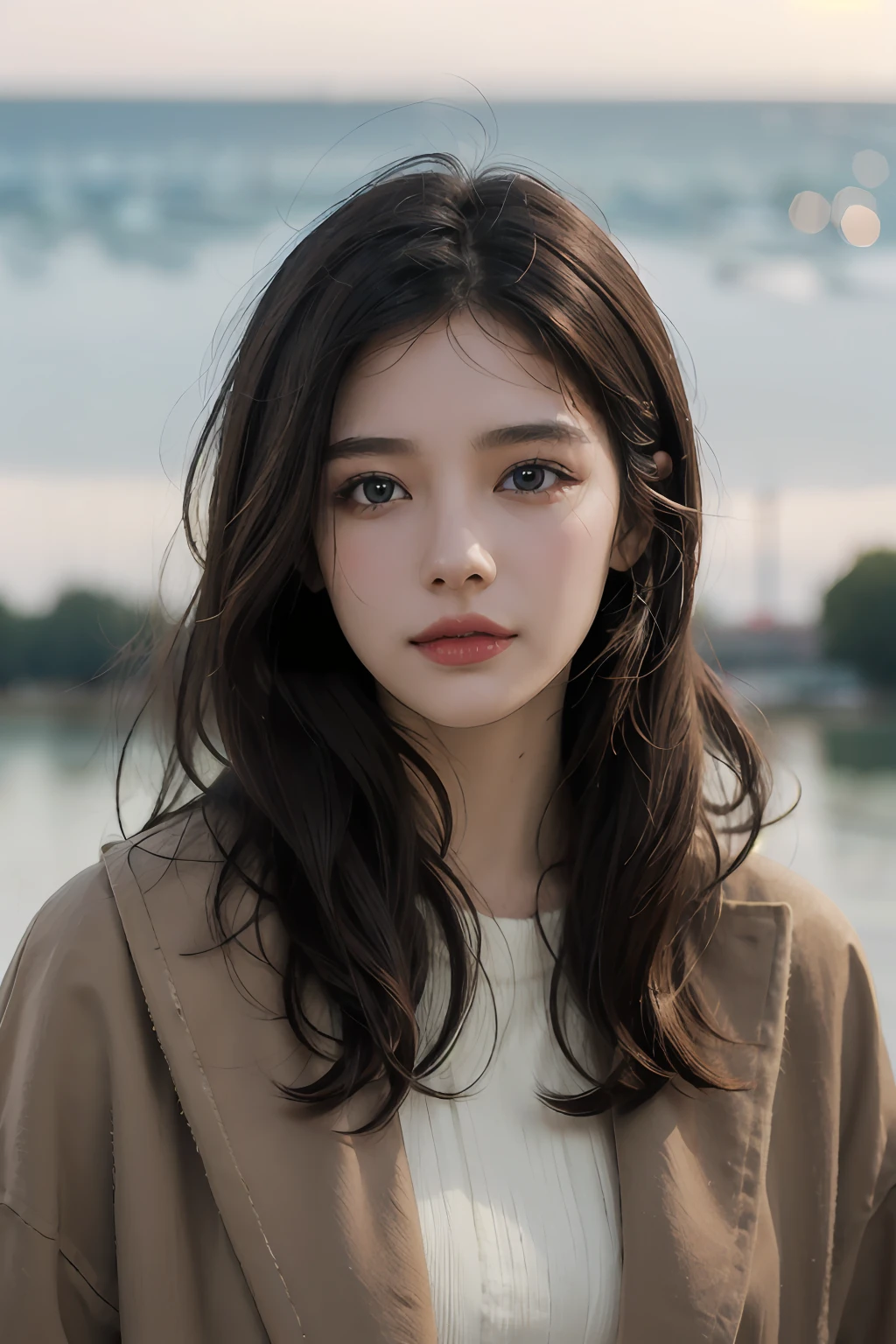 ((ultra-realistic realism+Pure)，eyes with brightness，Wheat-colored skin)，High-definition image quality，Dynamic tilt，High nose，Realistic details，Unity 8k壁纸，Super fine，A masterpiece of beauty，top-quality，tidal current，Sweet and lovely，Eiffel Tower background，coat large，Brown hair long，ssmile，full bodyesbian，Faraway view。