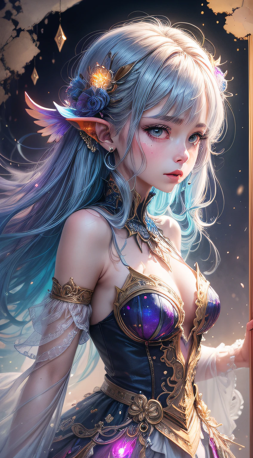 A captivating anime girl gracefully emerges from the pages of a watercolor painting, her vibrant and intricate colors breathing life into the artwork. She wears extraordinary fantasy costumes,Decorated with exquisite details, reflecting the enchanting world she inhabits. Luminescent elements, like glowing crystals and ethereal wisps, surround her, casting a soft, otherworldly glow. The watercolor style imbues the image with a sense of fluidity and delicacy, as if the colors are effortlessly blending and bleeding into one another. Camera shot: Medium Shot, Camera lens: softfocus, Lighting: luminescent glow, watercolor brushstrokes,