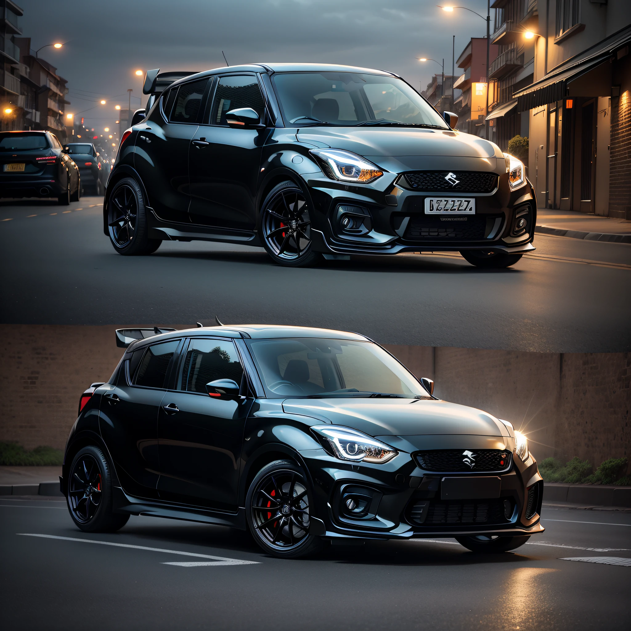 View of Orferd parking on the street at night, Wide body, Black Samurai Suzuki Swift, front profile，cinematic front shot，Full car,  Frontlighting, powerful stance, front footage, aggressive look, dynamic angle shot, front profile shot,Black carbon fiber Suzuki logo，Silver-plated wheels