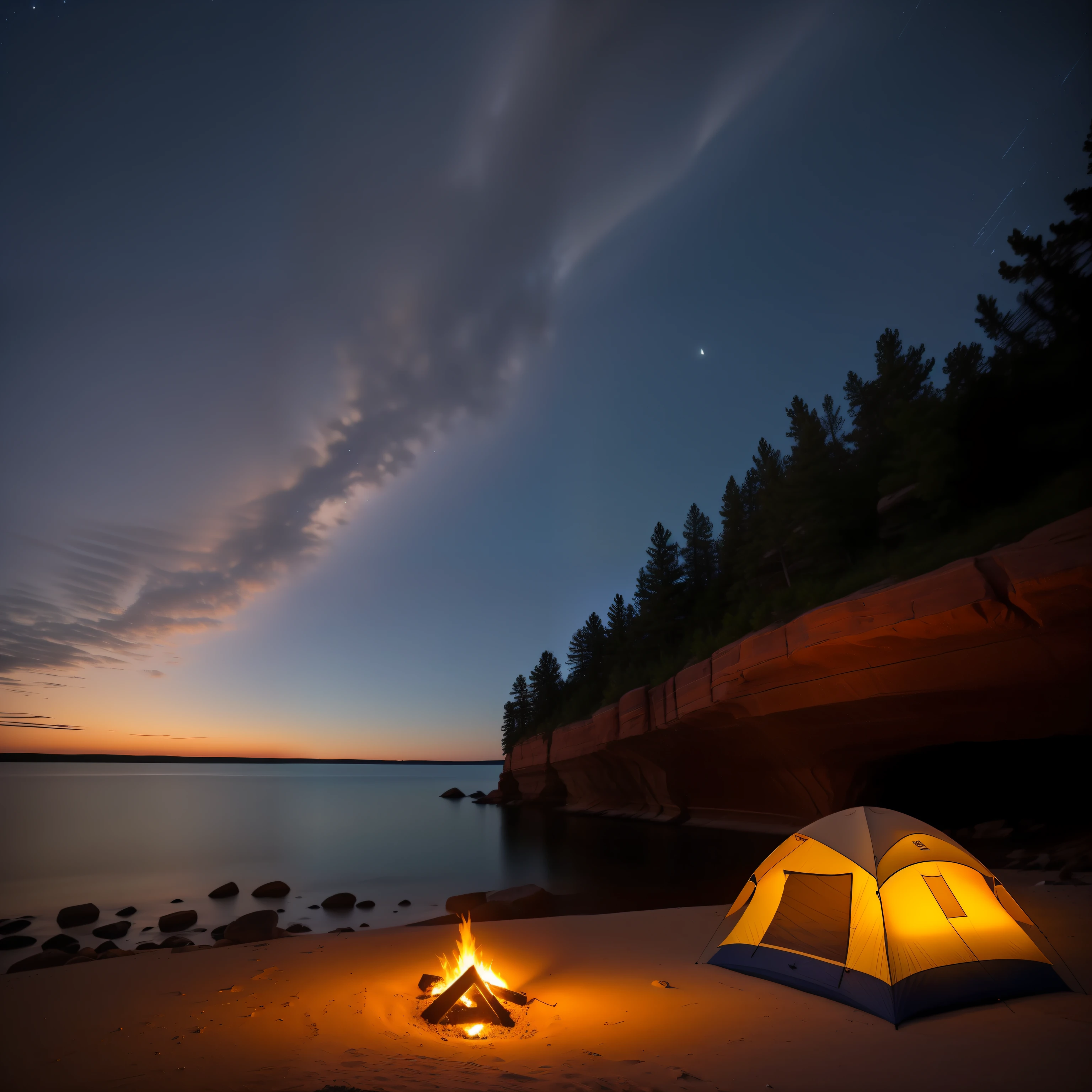 It was a clear, starry night in Michigan's Upper Peninsula. Inside a small nylon tent overlooking Lake Superior, a lone camper was tucked snugly in their sleeping bag. Outside the tent, the flames from a small campfire danced and crackled, sending sparks floating up towards the glittering night sky. Beyond the fire ring, waves gently lapped against the colorful sandstone cliffs that give Pictured Rocks its name. The rocky shoreline was illuminated by the soft glow of the moon, which hung over the lake, reflecting beautifully on the calm, glassy surface. Though the hour was late, the camper lay awake listening to the soothing sounds of the waves and the popping fire, happy to be on this secluded beach taking in the wilderness and solitude that Pictured Rocks offers to backpackers and campers. After a few minutes, the camper's eyes became heavy, and they drifted off to sleep with the glow of the fire still flickering outside.