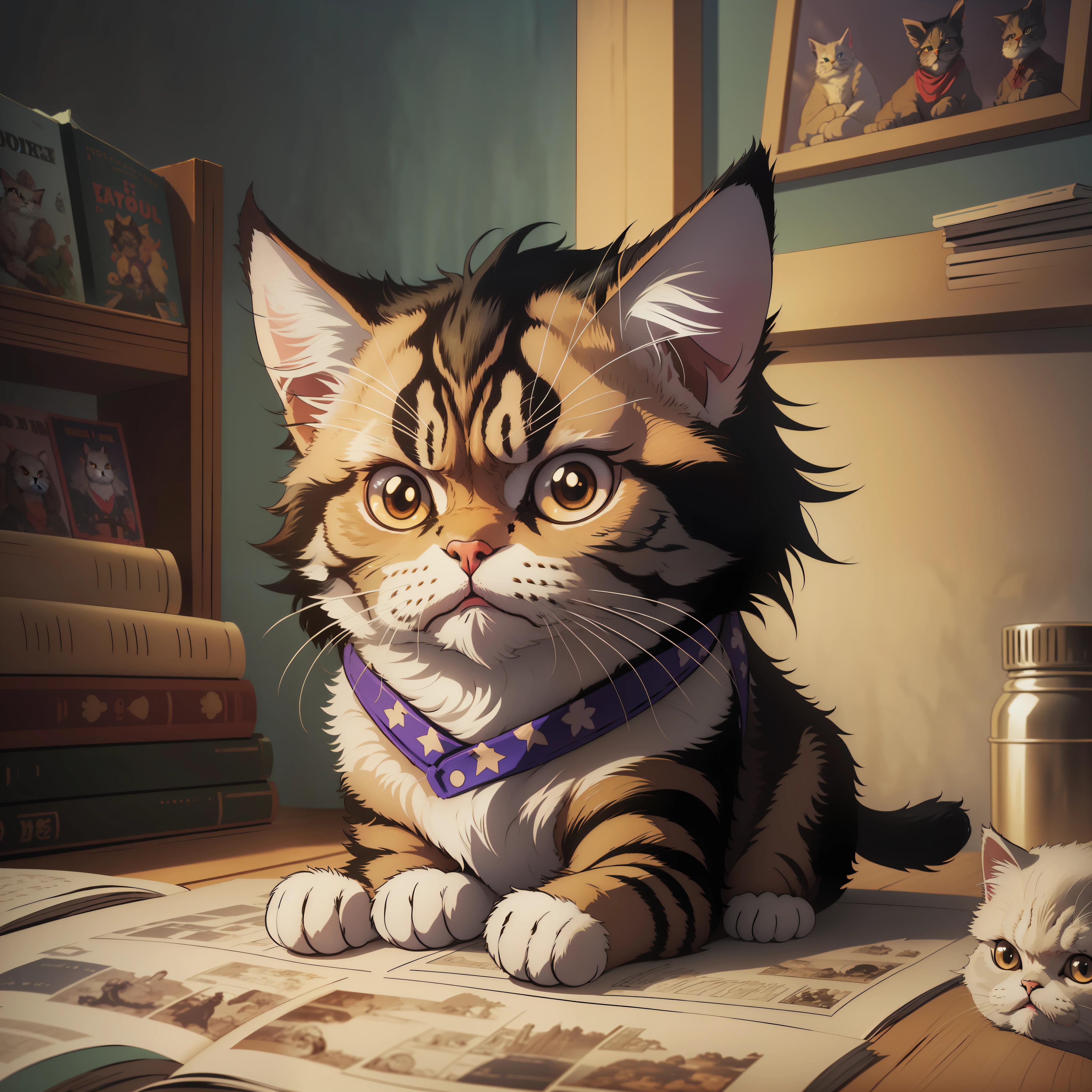 A Persian cat, comic book style, cute and docile series, exaggerated a little, the overall look is exaggerated, the sense of atmosphere is full, the cat itself plus a little special effects, 4k