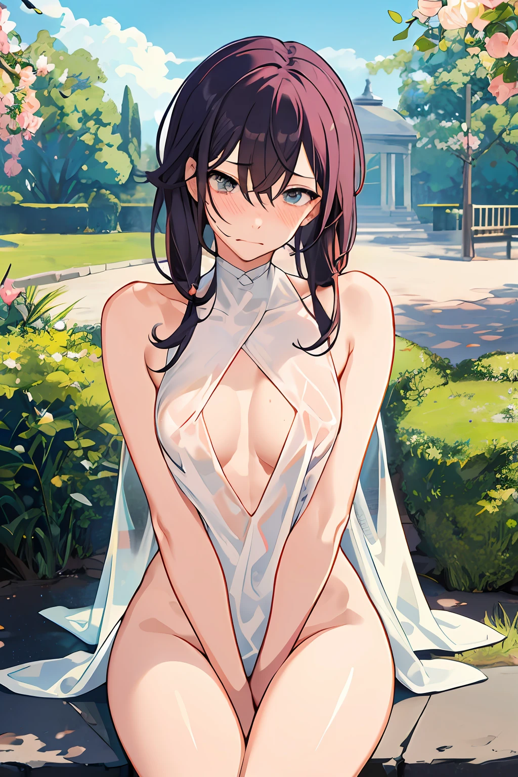male teen、Look away、Erect 、embarrassed from、Blushing、fullnude、a park、barechested、A young man、Cock、M-shaped legs、Sit up、Erect 、penises、lower body exposure、
