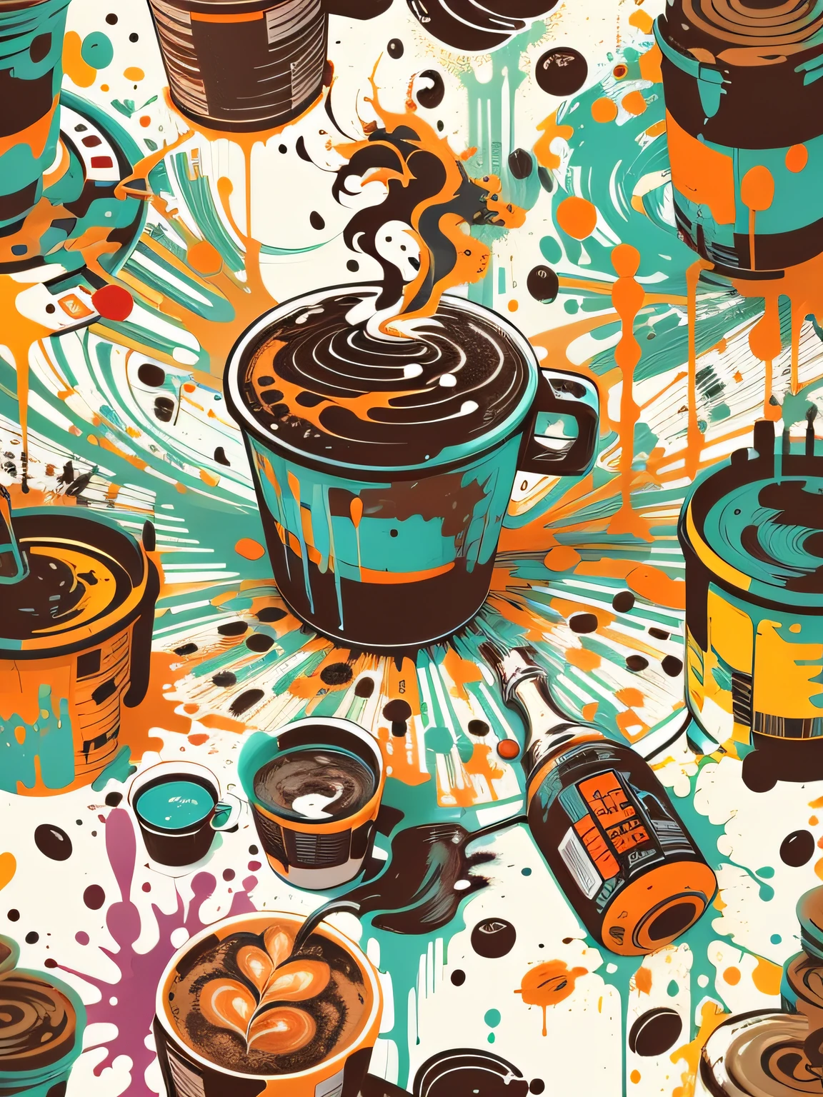 vector art, Colorful illustration with graffiti coffee, in the center, Bright colors, paint splashes and blots, high detail, whitebackground