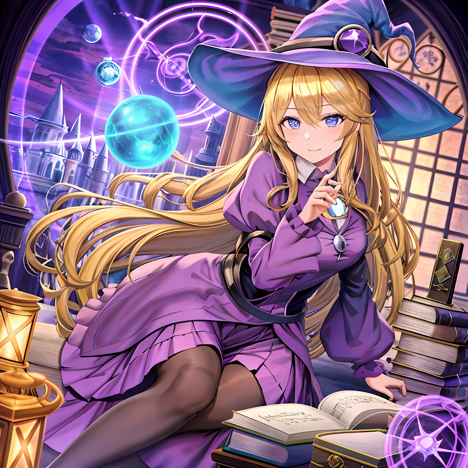Anime girl sitting on a pile of books,With a hat on, marisa kirisame, flirty anime witch casting magic, witch academia, pretty sorceress, classical witch, by Kamagurka, the witch, alchemist girl, dramatic reading spell book pose, Mage, kirisame marisa, beautiful female witch, spellcasting pose, artbook artwork