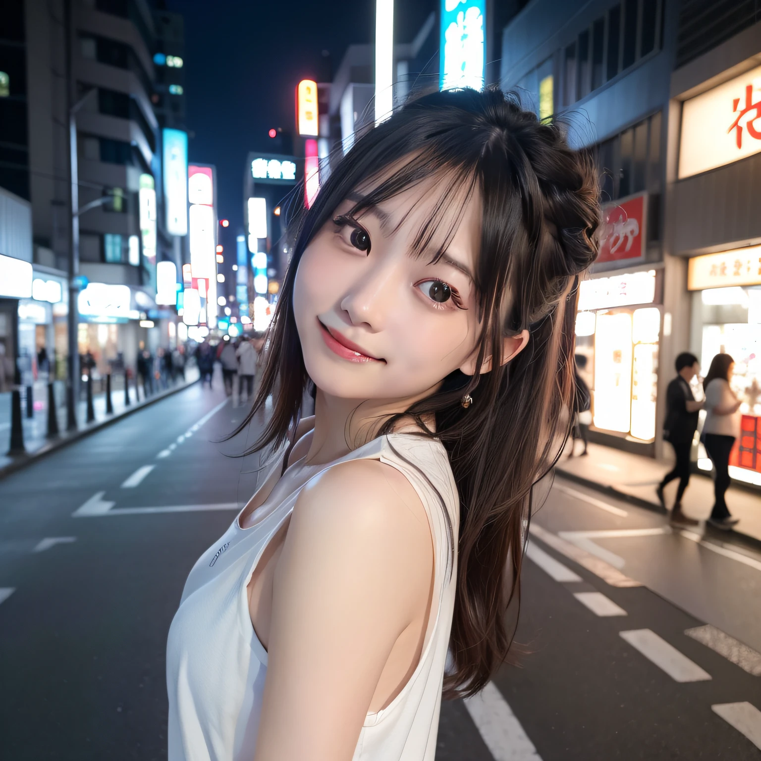 One Beautiful Girl、modeled、on tokyo street、natta、A city scape、city light、(in 8K、Raw photography、top-quality、​masterpiece:1.2)、(realisitic、photoRealstic:1.37)、a smile、the pose、doress